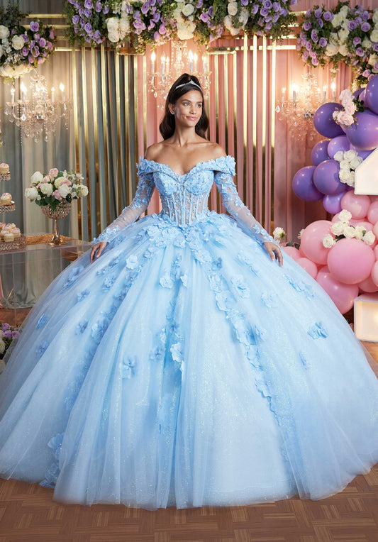 Quinceniera Dresses Long Sweet 16 3D Floral Quinceanera Dress Bahama Blue/Light Blue