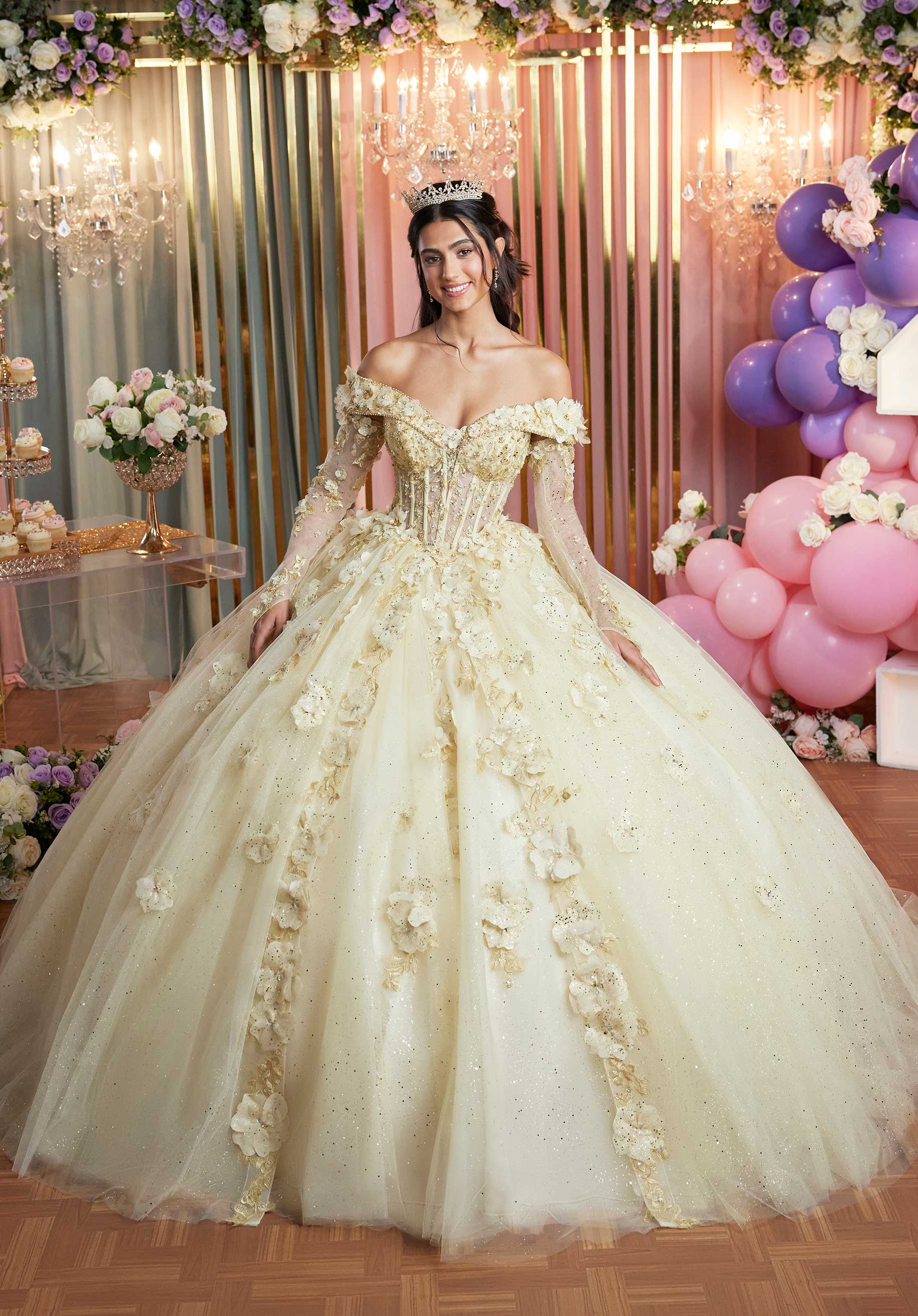 Quinceniera Dresses Long Sweet 16 3D Floral Quinceanera Dress Champagne/Gold