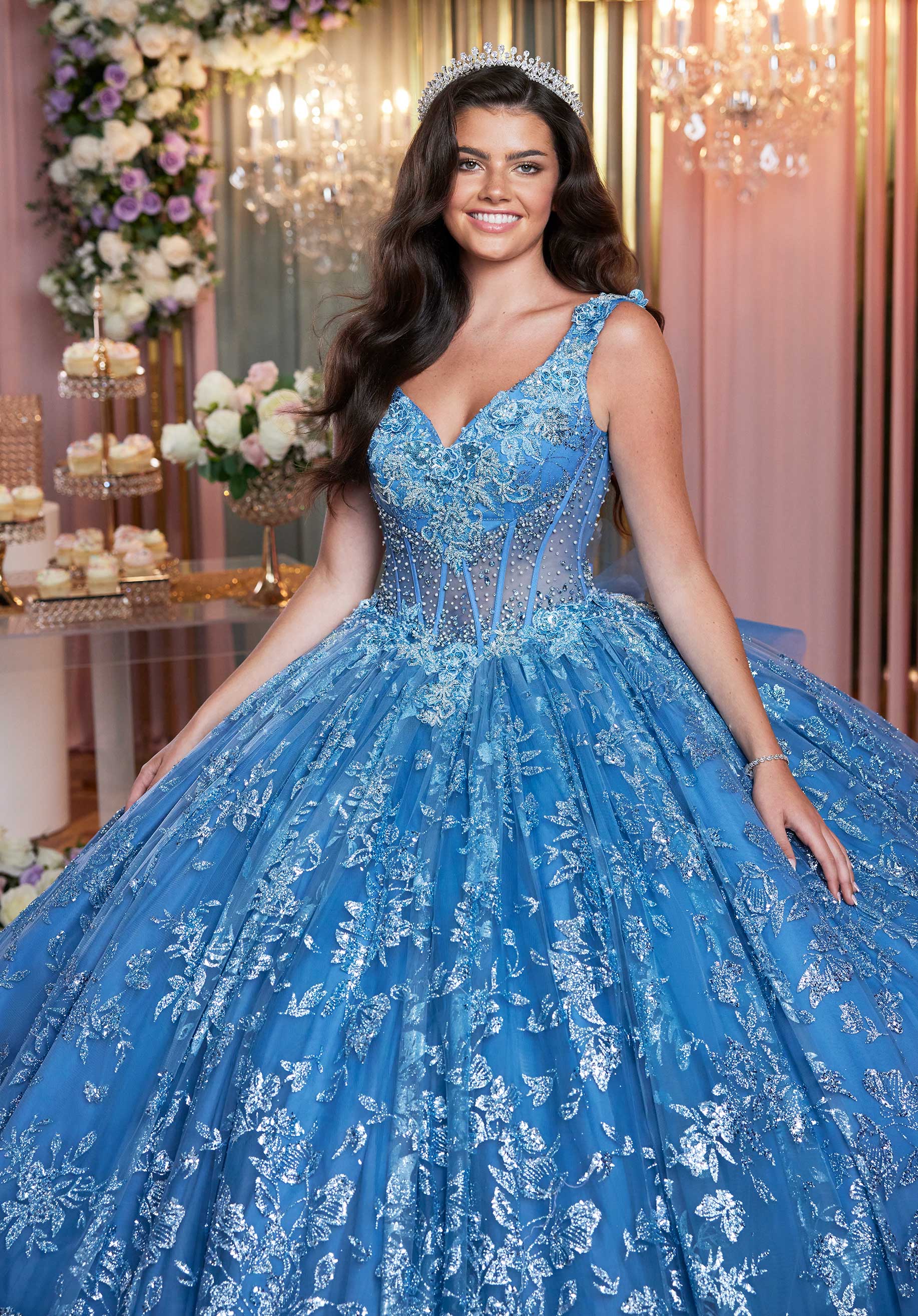 Quinceniera Dresses Glitter Long Ball Gown Quinceanera Dress Azure