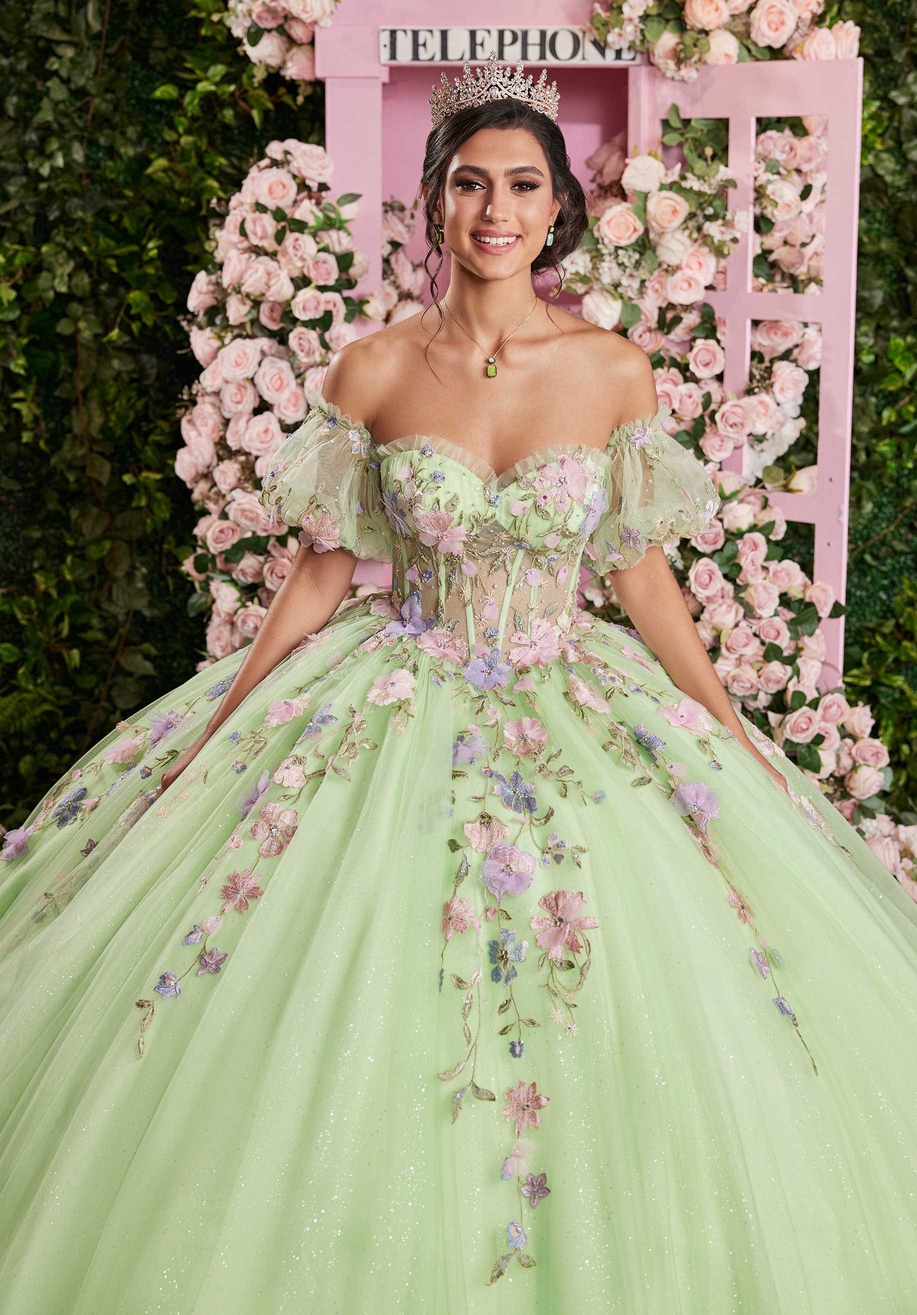 Quinceniera Dresses Long Corset Floral Applique Quinceanera Dress Lime/Multi