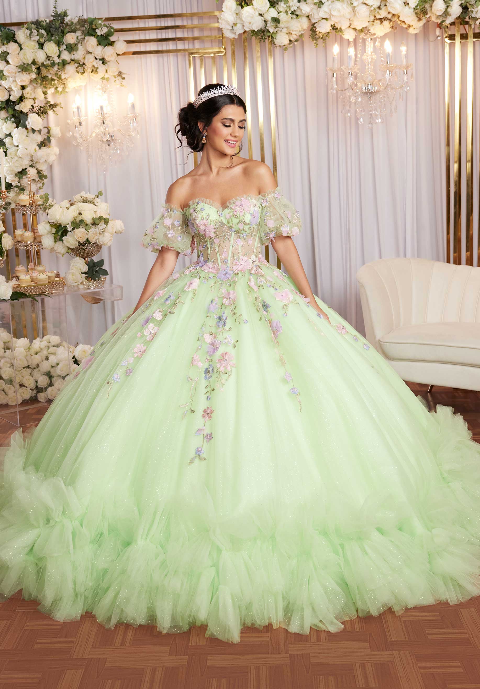 Quinceniera Dresses Long Corset Floral Applique Quinceanera Dress Lime/Multi
