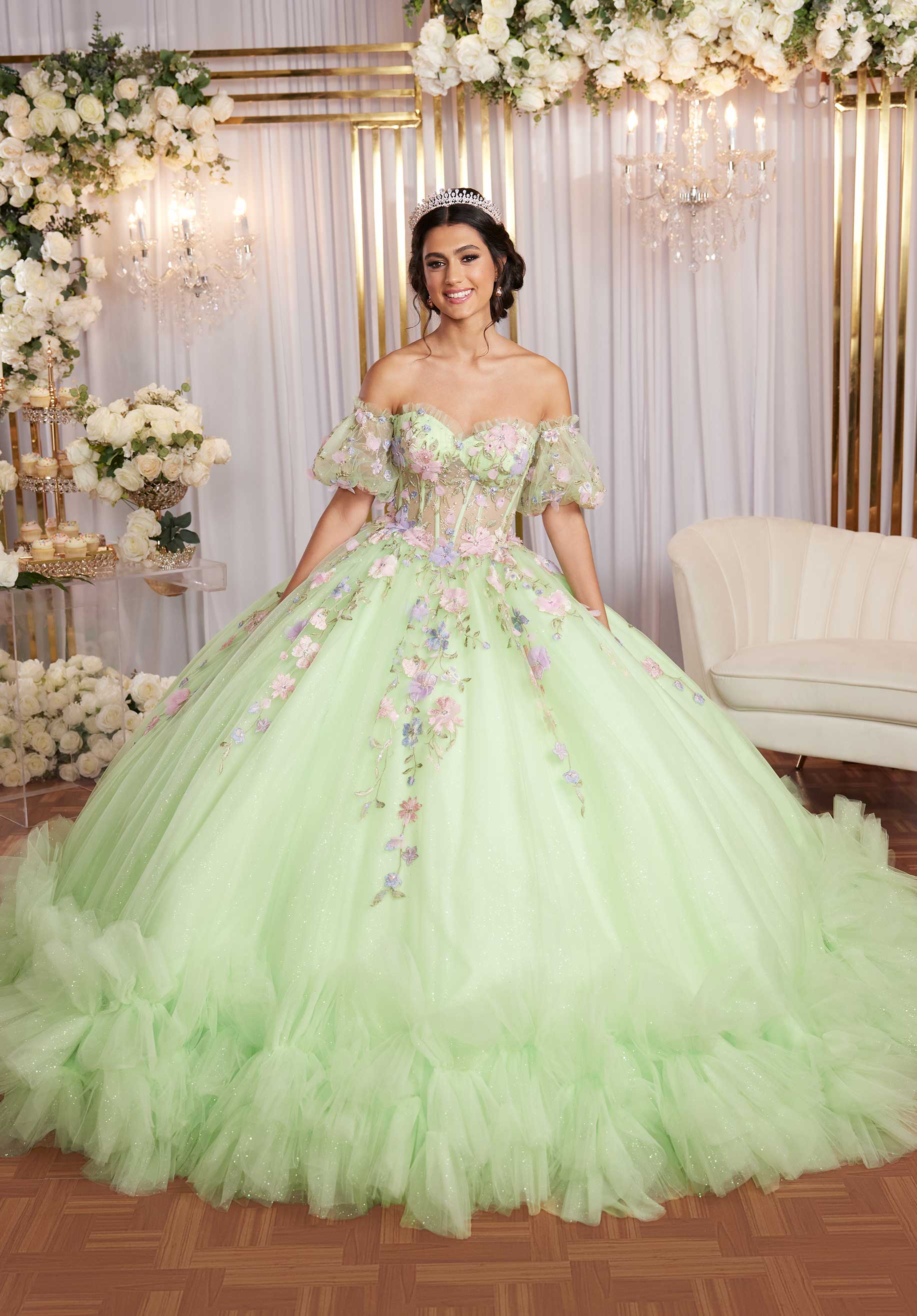 MGNY Madeline Gardner New York 89510 Long Corset Floral Applique Quinceanera Dress