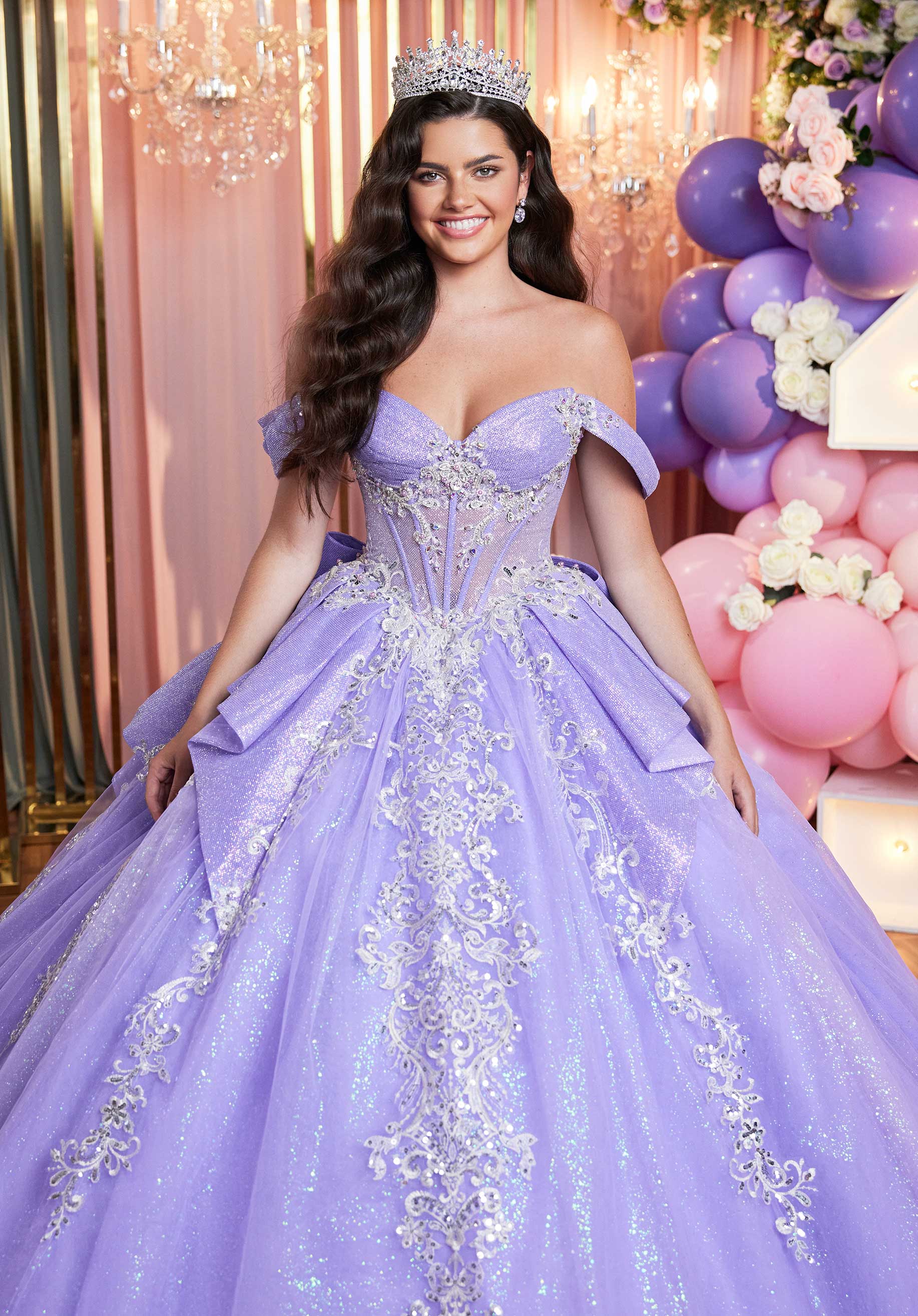 Quinceniera Dresses Glitter Pleated Long Quinceañera Dress Lilac/Silver
