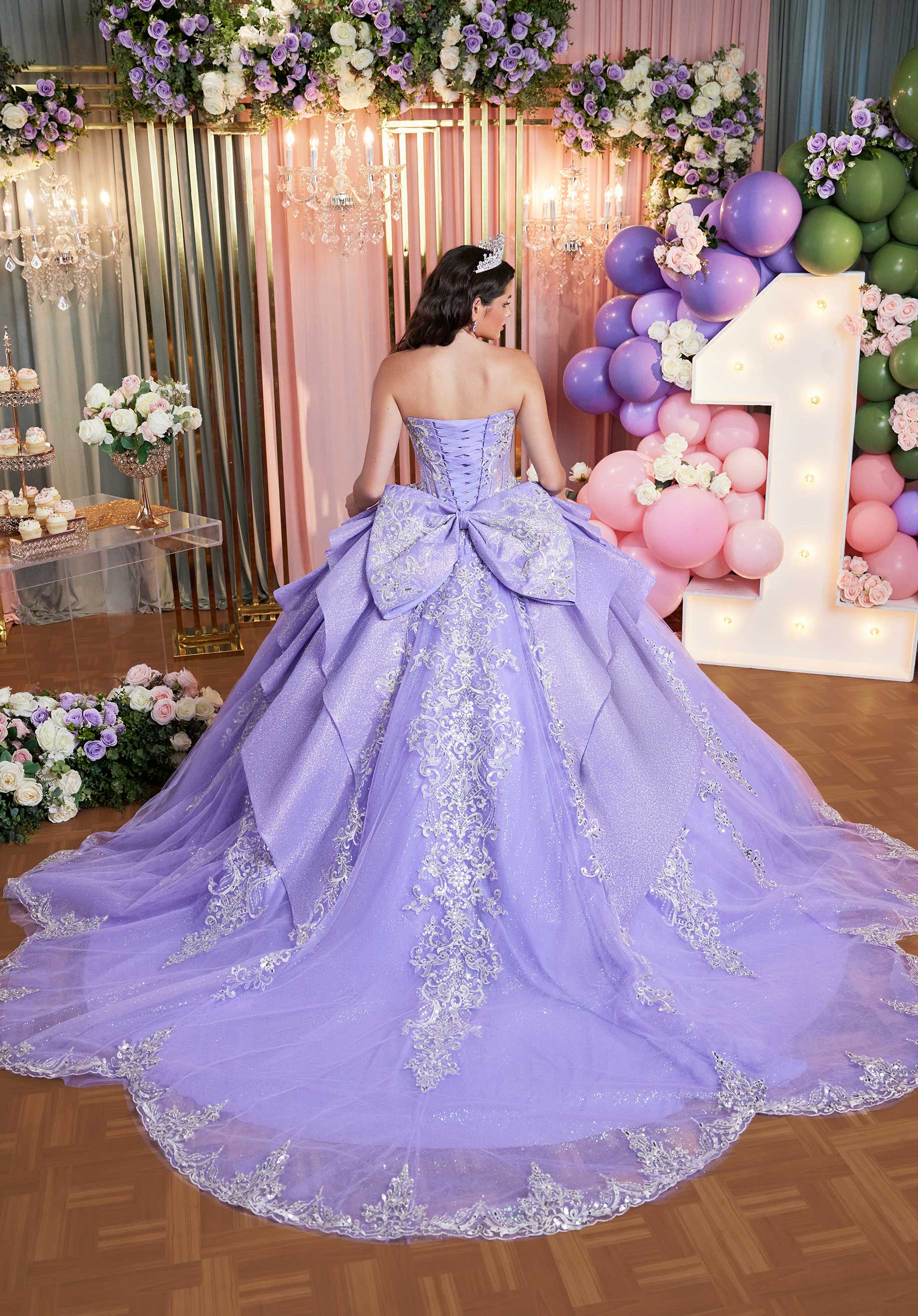 Quinceniera Dresses Glitter Pleated Long Quinceañera Dress Lilac/Silver