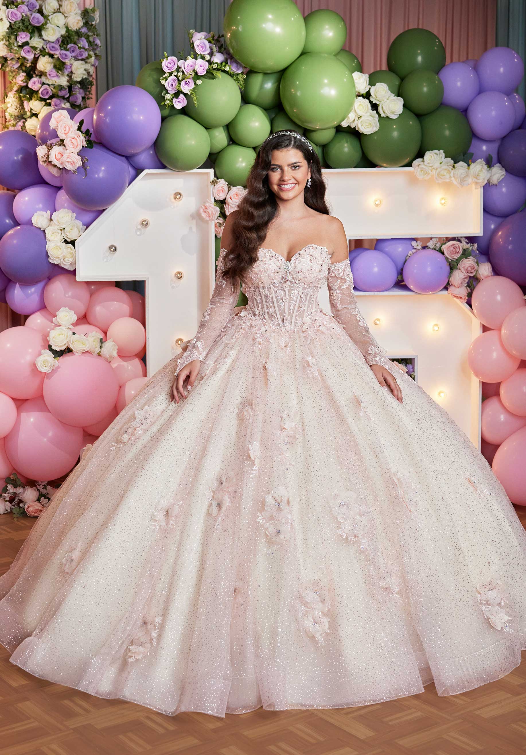 Quinceniera Dresses Glitter Floral Applique Long Quinceanera Dress Blush/Champagne