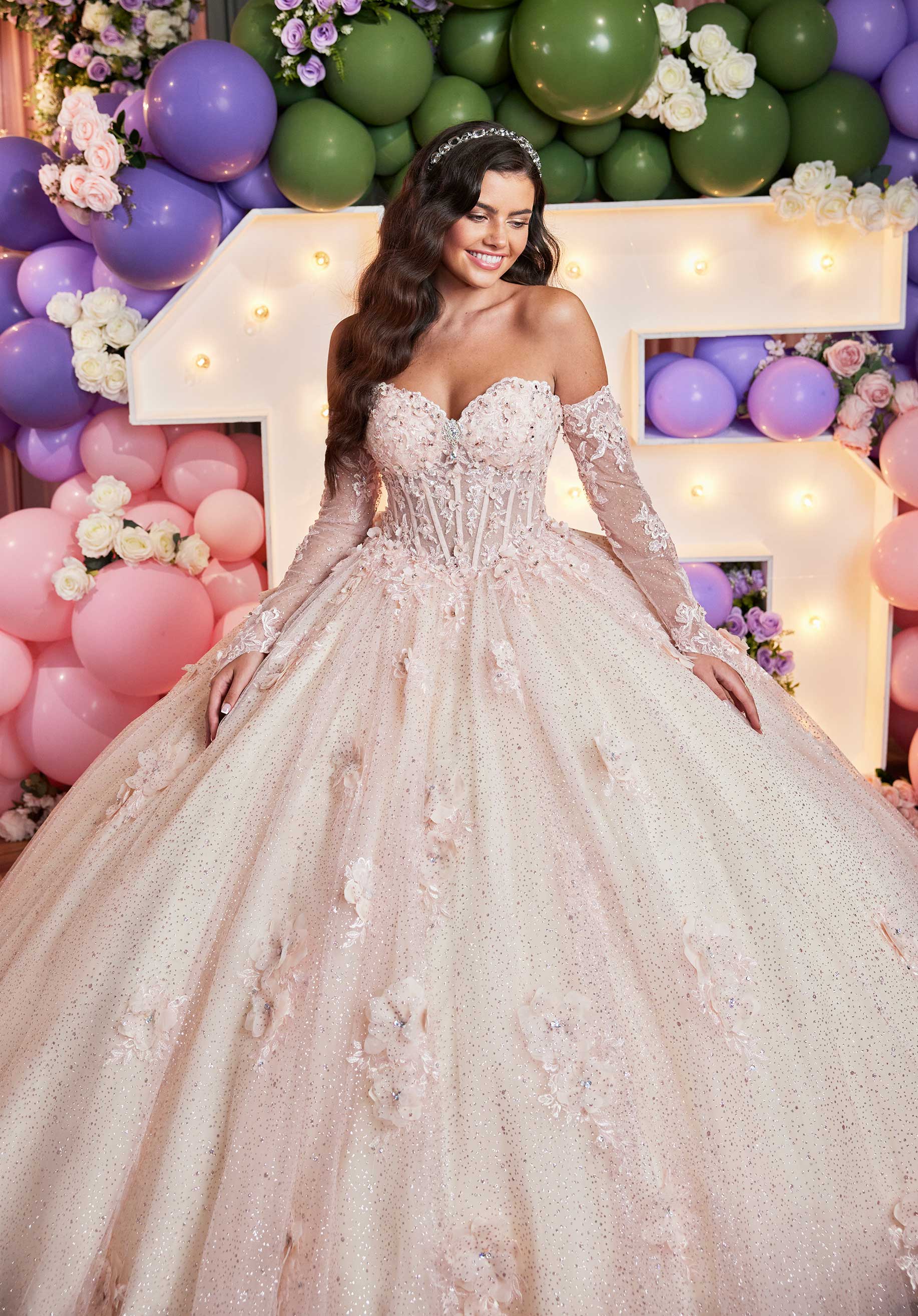 Quinceniera Dresses Glitter Floral Applique Long Quinceanera Dress Blush/Champagne