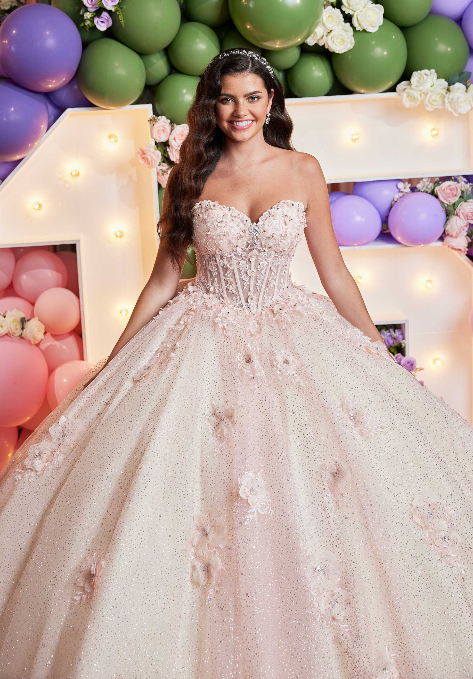 Quinceniera Dresses Glitter Floral Applique Long Quinceanera Dress Blush/Champagne