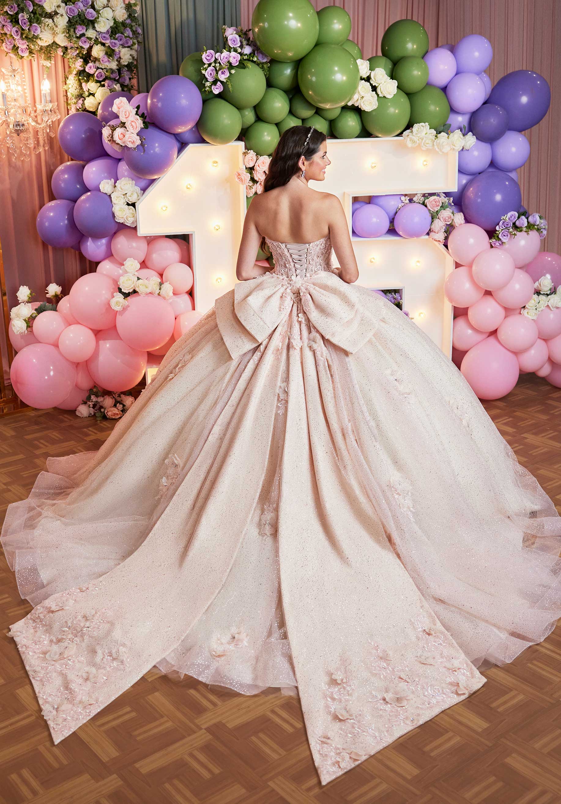 Quinceniera Dresses Glitter Floral Applique Long Quinceanera Dress Blush/Champagne