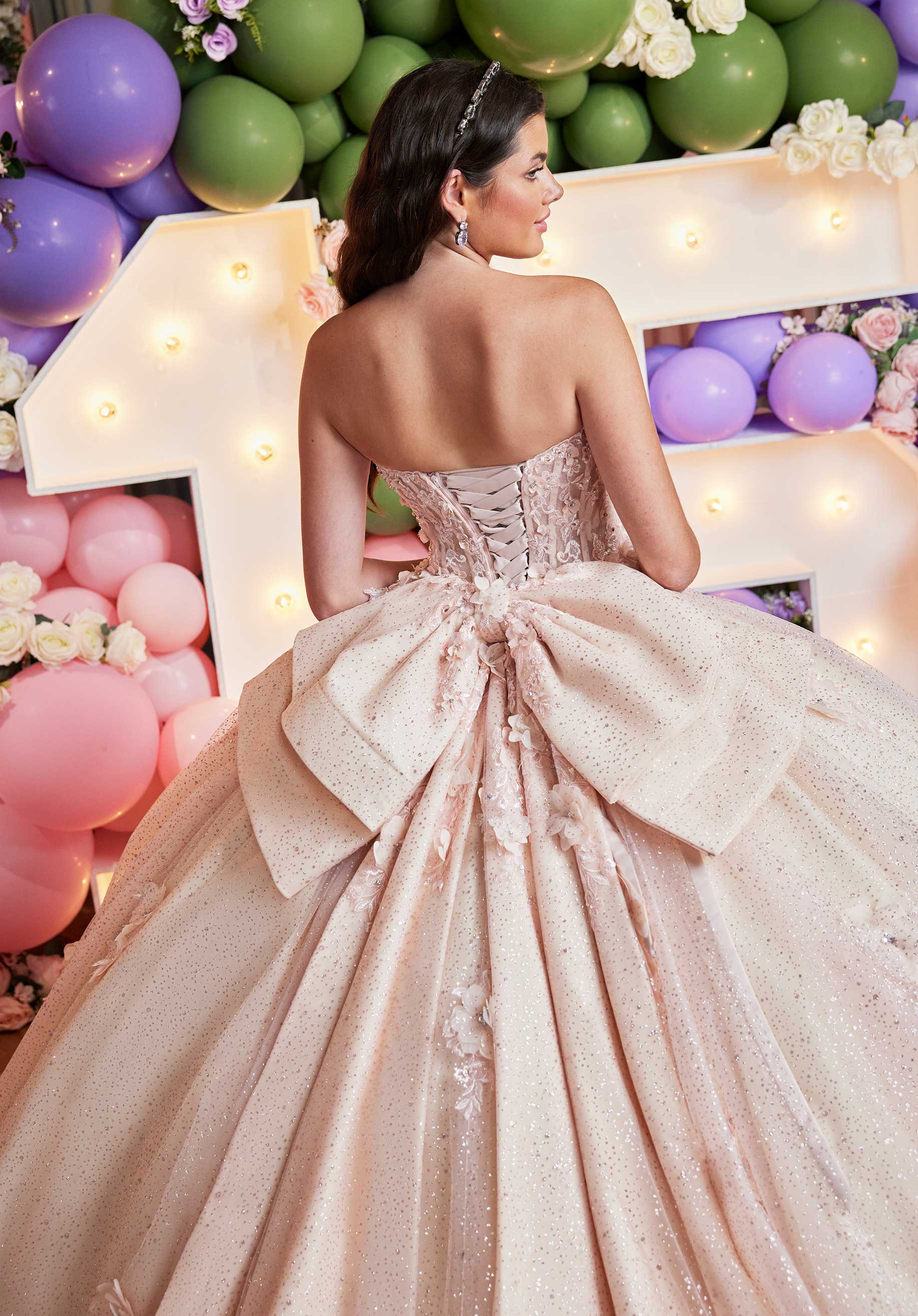 Quinceniera Dresses Glitter Floral Applique Long Quinceanera Dress Blush/Champagne