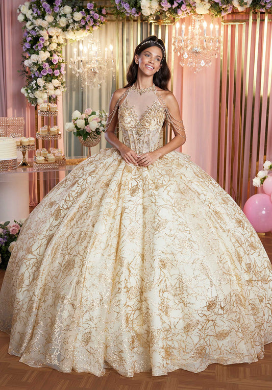 Quinceniera Dresses Long Ball Gown Beaded Applique Quinceanera Dress Champagne/Gold