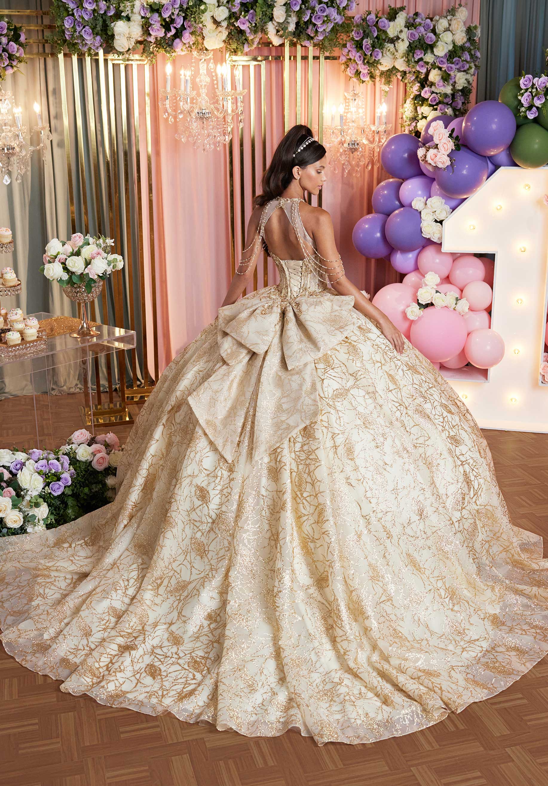 Quinceniera Dresses Long Ball Gown Beaded Applique Quinceanera Dress Champagne/Gold