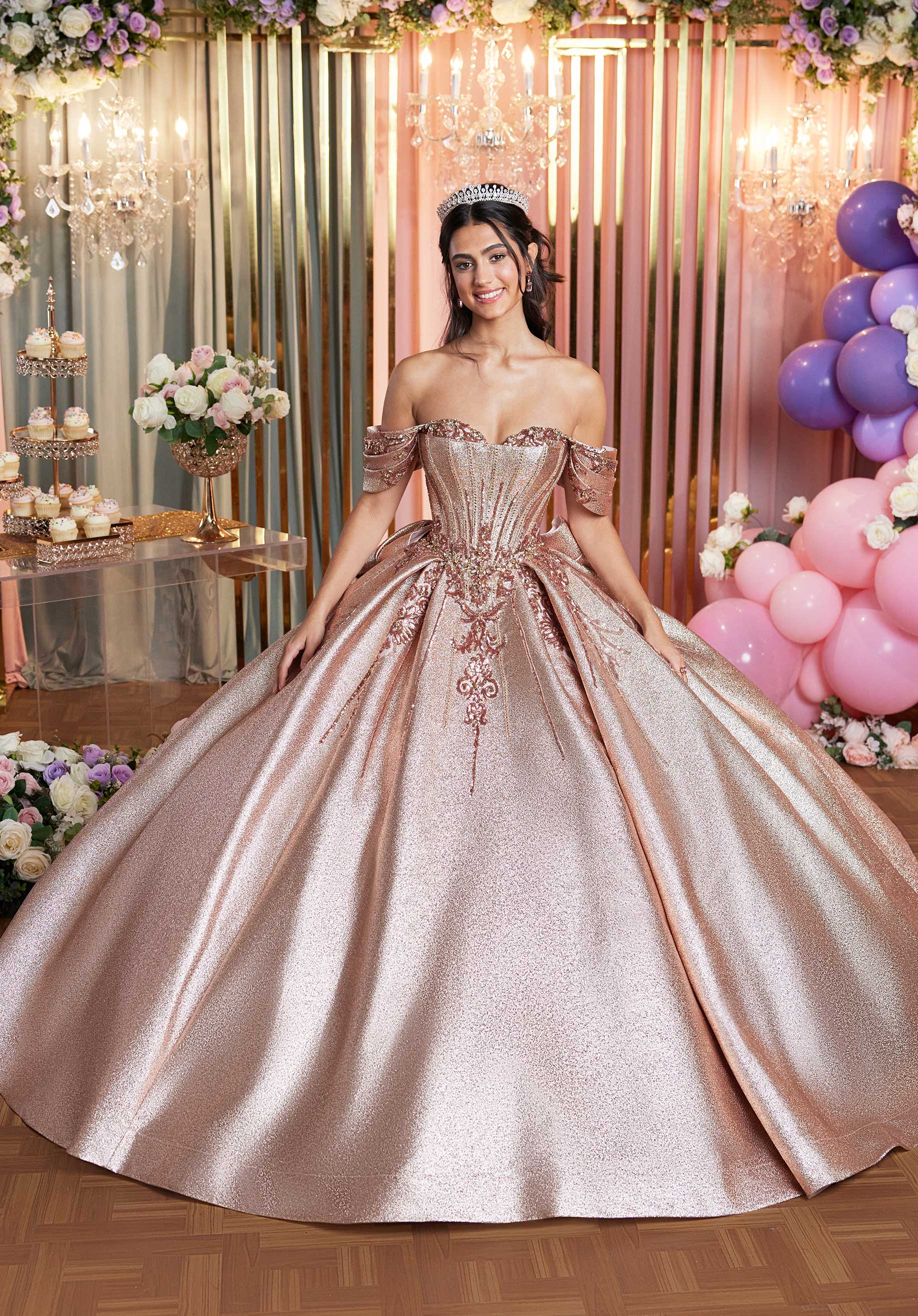 Quinceniera Dresses Long Metallic Ball Gown Quinceanera Dress Rose Gold