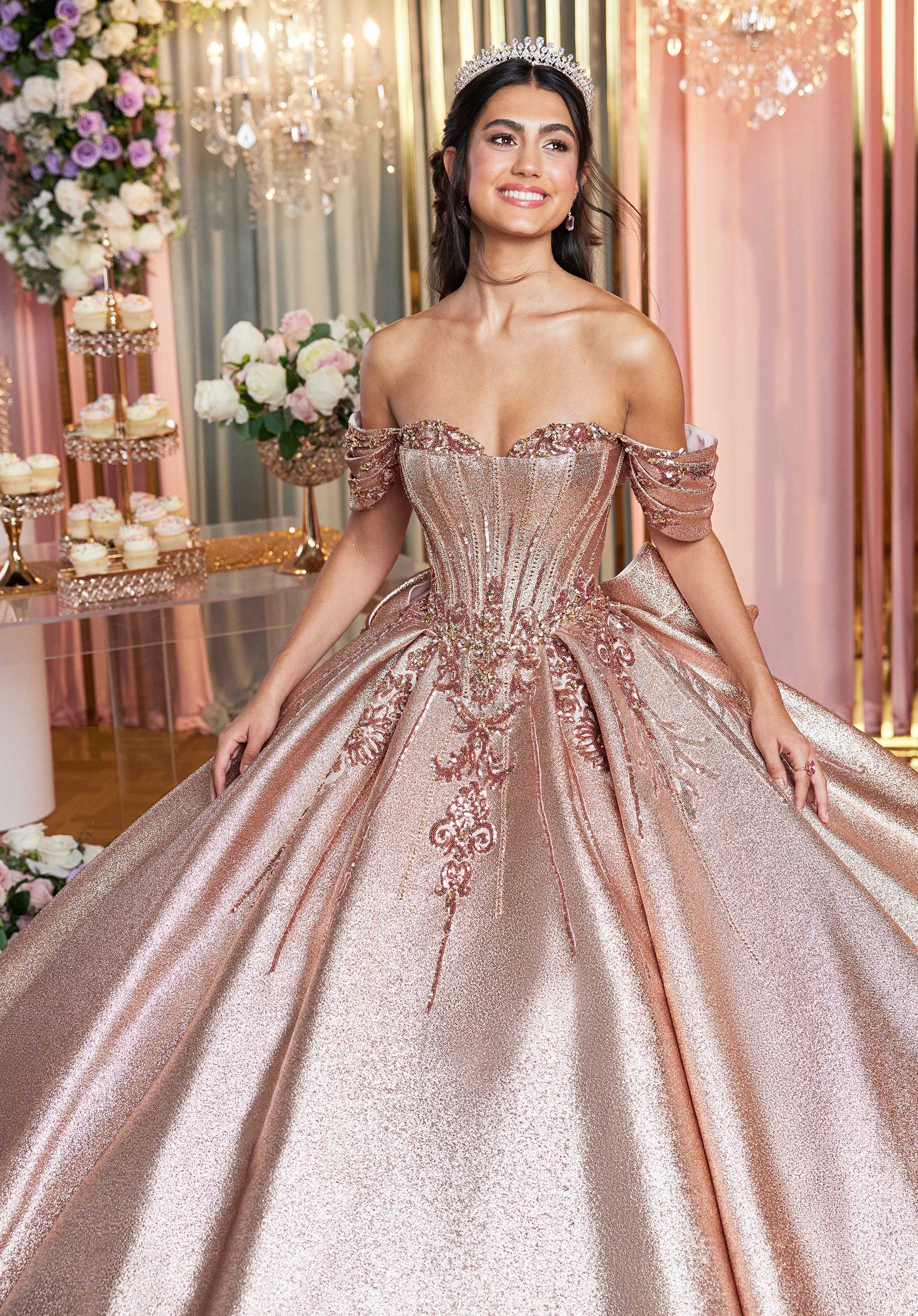 Quinceniera Dresses Long Metallic Ball Gown Quinceanera Dress Rose Gold