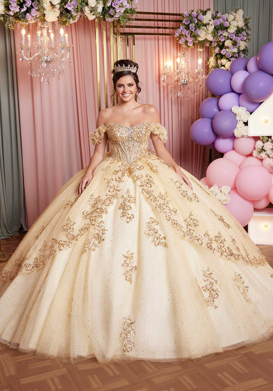 Quinceniera Dresses Long Sequin Appliqué Glitter Quinceañera Dress Gold