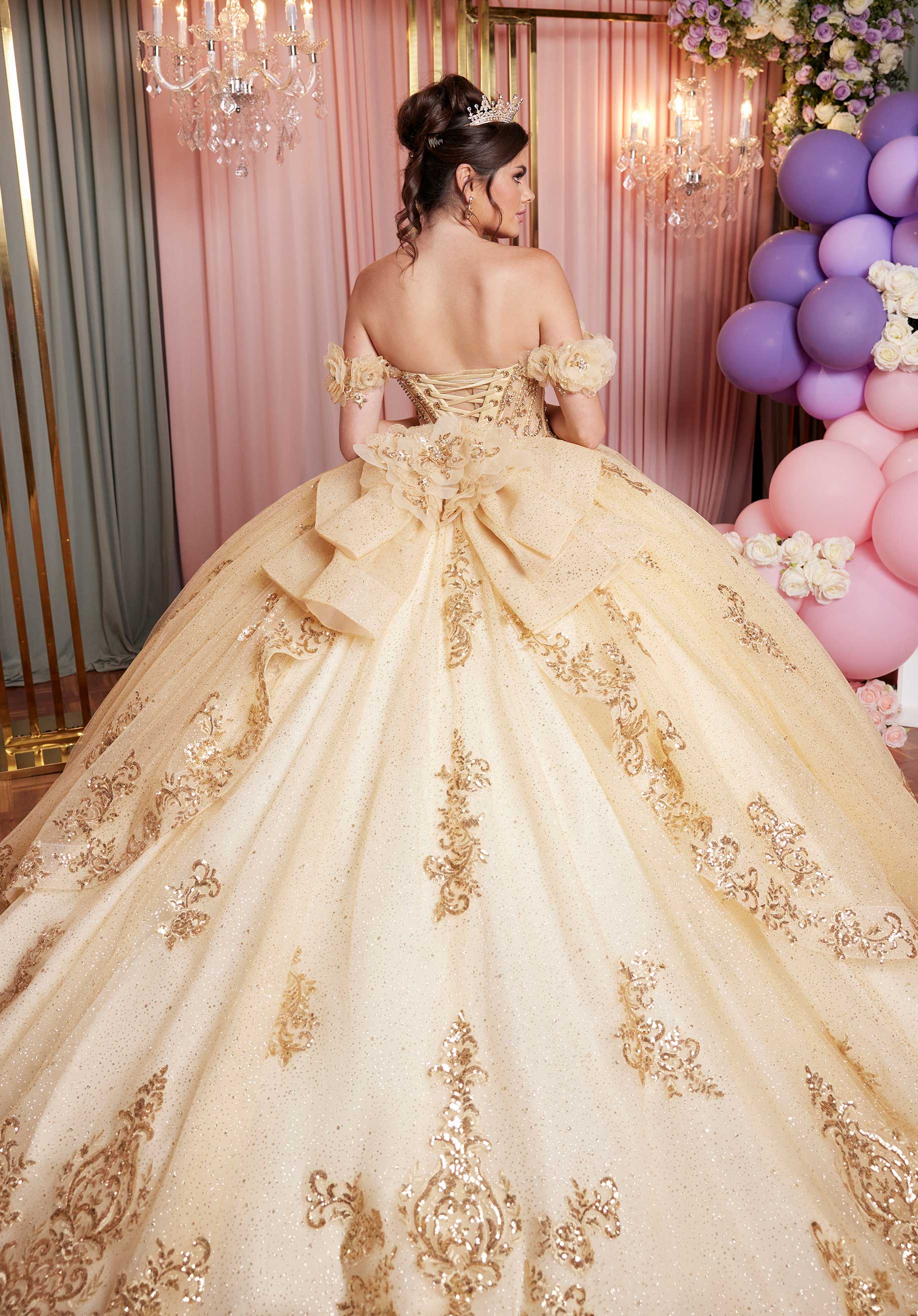 Quinceniera Dresses Long Sequin Appliqué Glitter Quinceañera Dress Gold