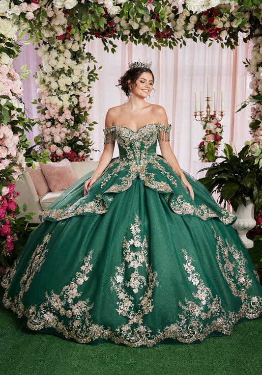 Quinceniera Dresses Long Ball Gown Glitter Fringe Quinceanera Dress Emerald/Gold