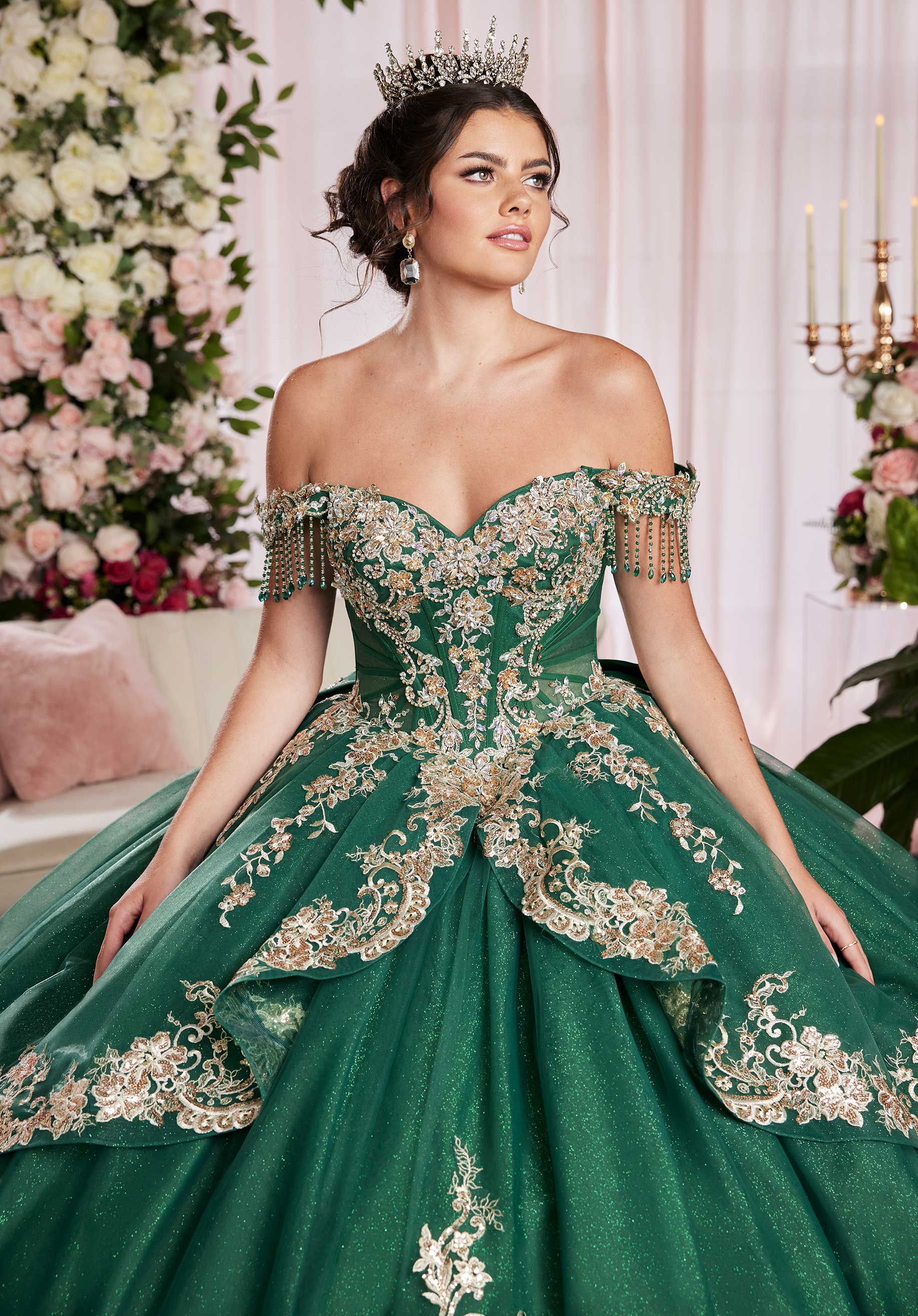 Quinceniera Dresses Long Ball Gown Glitter Fringe Quinceanera Dress Emerald/Gold