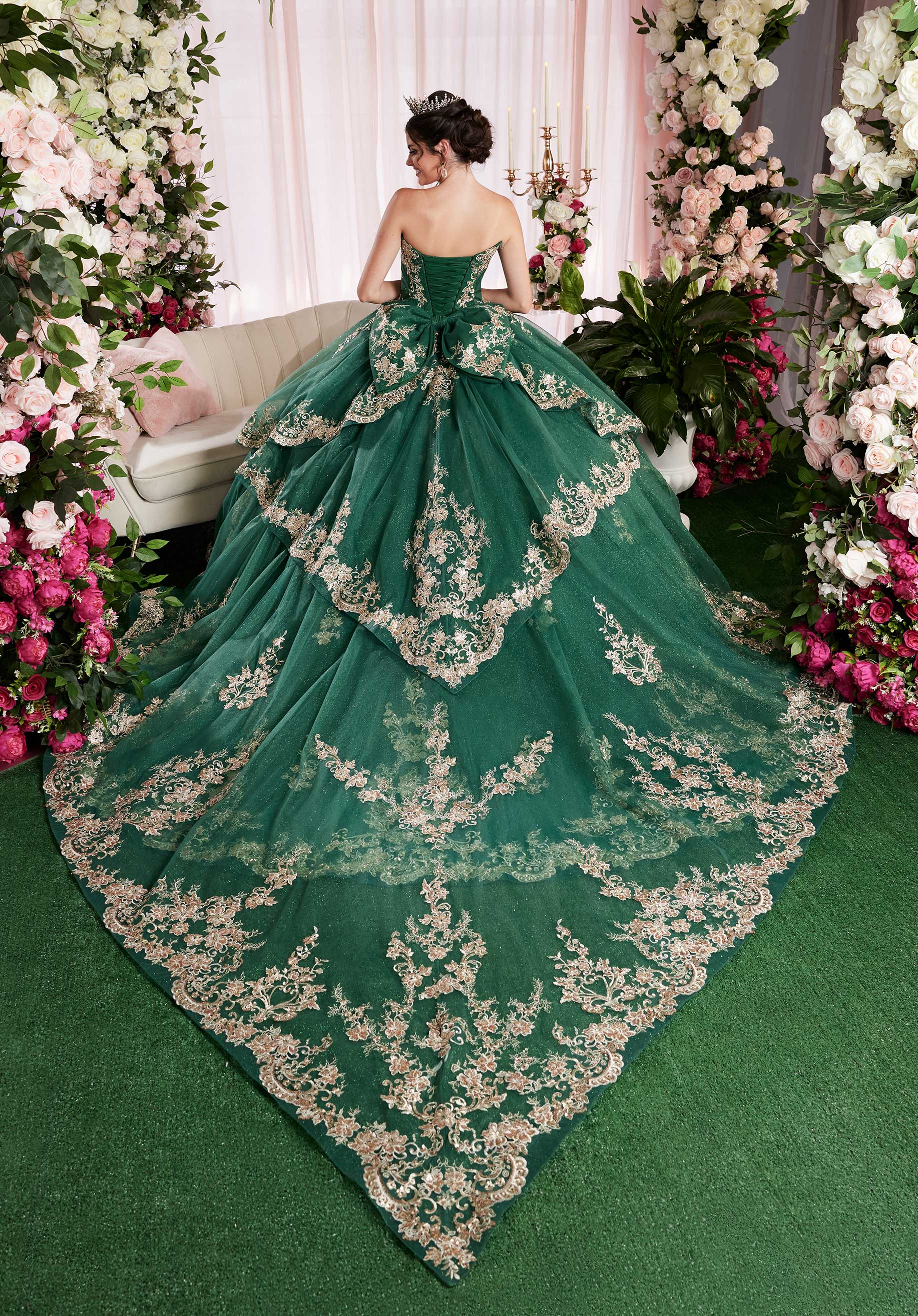 Quinceniera Dresses Long Ball Gown Glitter Fringe Quinceanera Dress Emerald/Gold