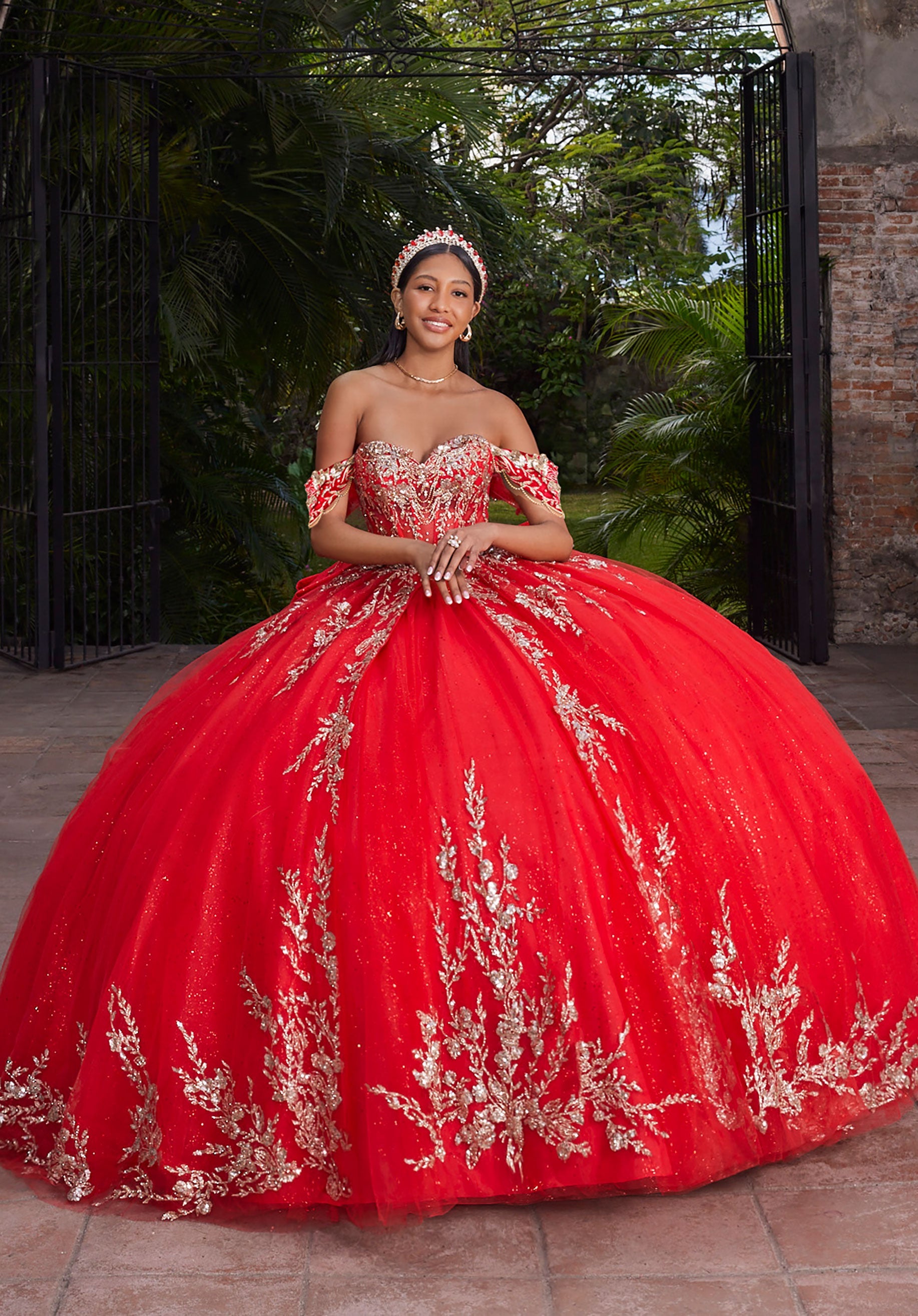 Off-the-Shoulder Floor-Length Tulle Quinceañera Ball Gown MGNY Madeline Gardner New York 89534