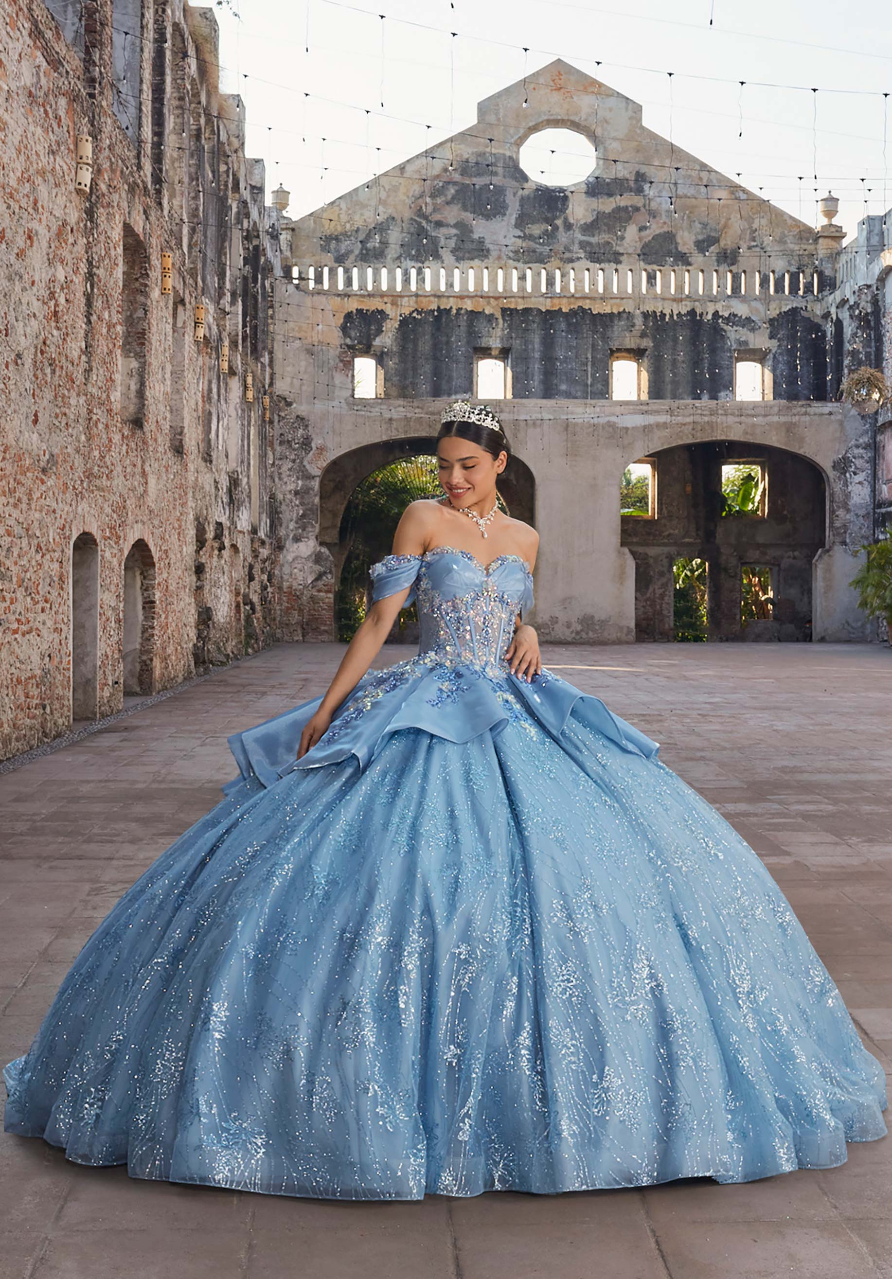Strapless Curved Neck Floor-Length Tulle Quinceañera Ball Gown MGNY Madeline Gardner New York 89539