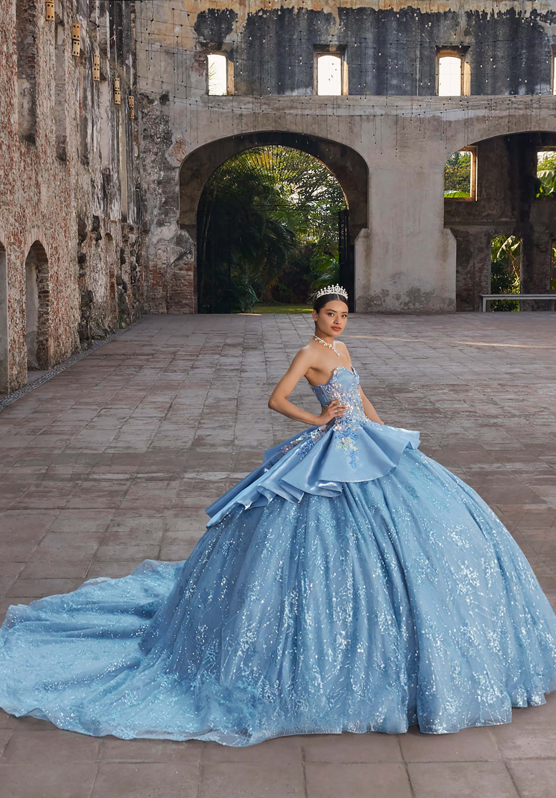Strapless Curved Neck Floor-Length Tulle Quinceañera Ball Gown MGNY Madeline Gardner New York 89539