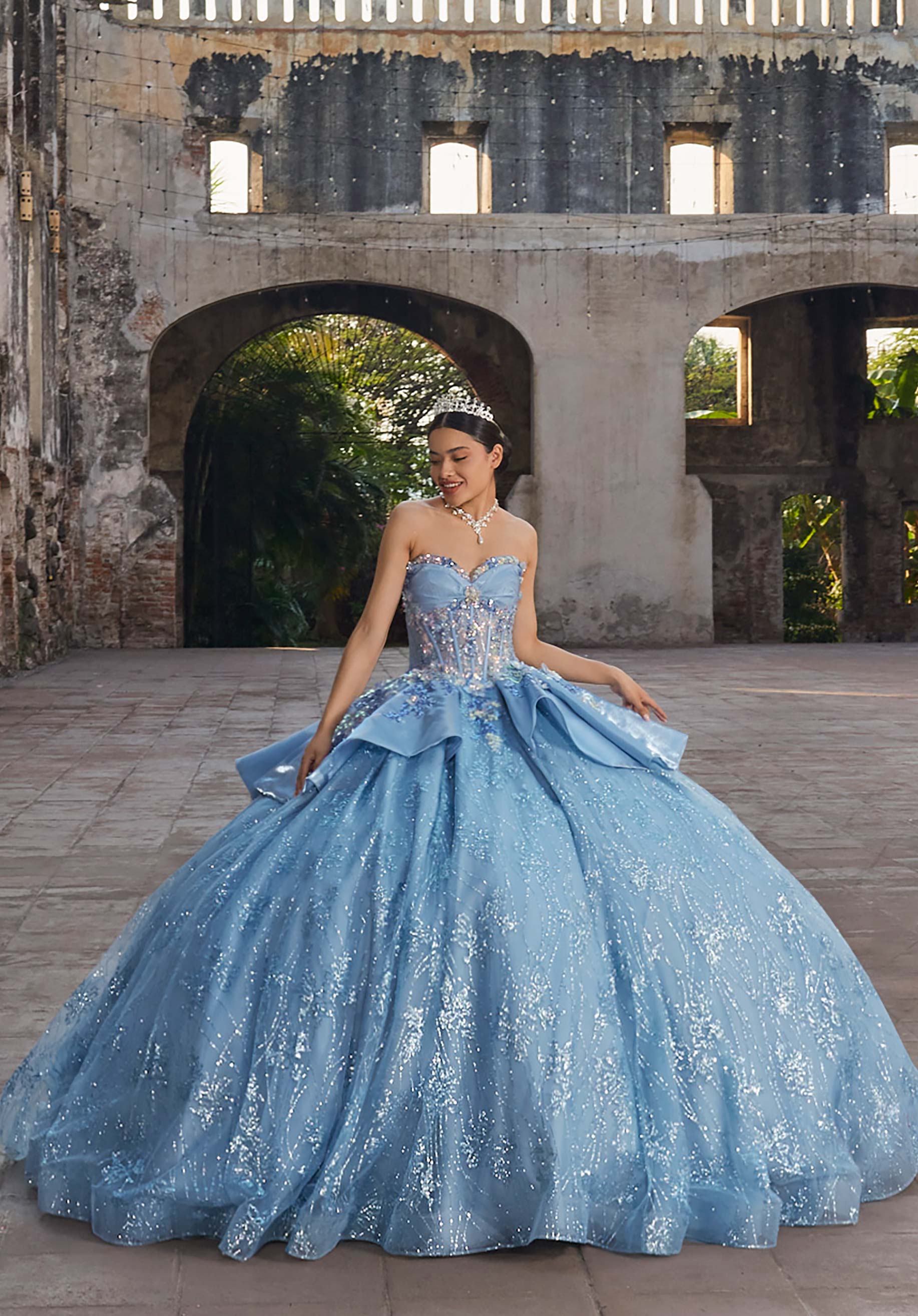 Strapless Curved Neck Floor-Length Tulle Quinceañera Ball Gown MGNY Madeline Gardner New York 89539