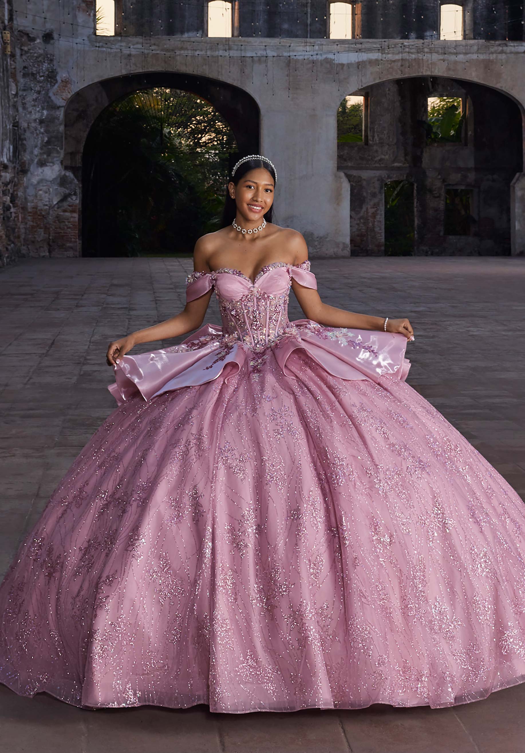 Strapless Curved Neck Floor-Length Tulle Quinceañera Ball Gown MGNY Madeline Gardner New York 89539