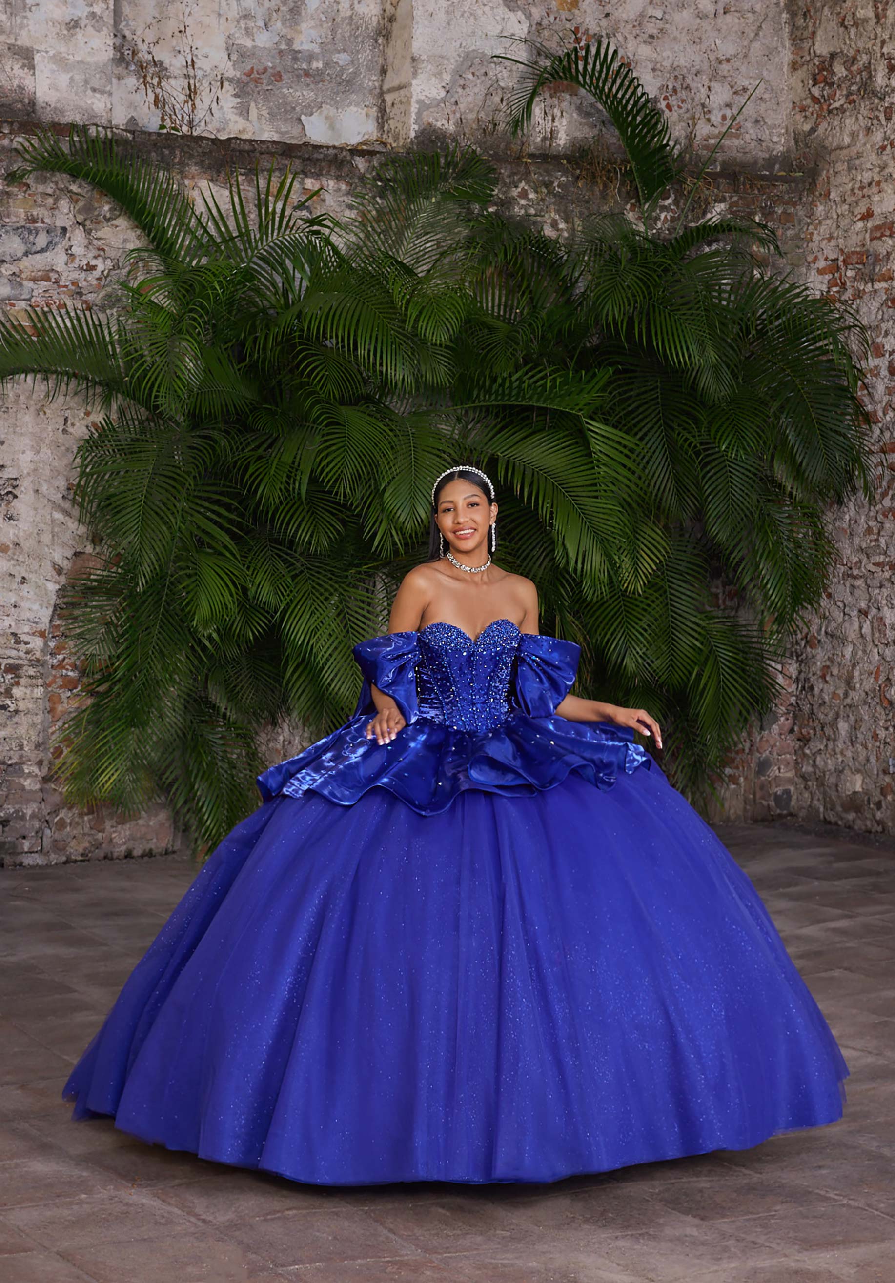Strapless Curved Neck Floor-Length Tulle Quinceañera Ball Gown MGNY Madeline Gardner New York 89540