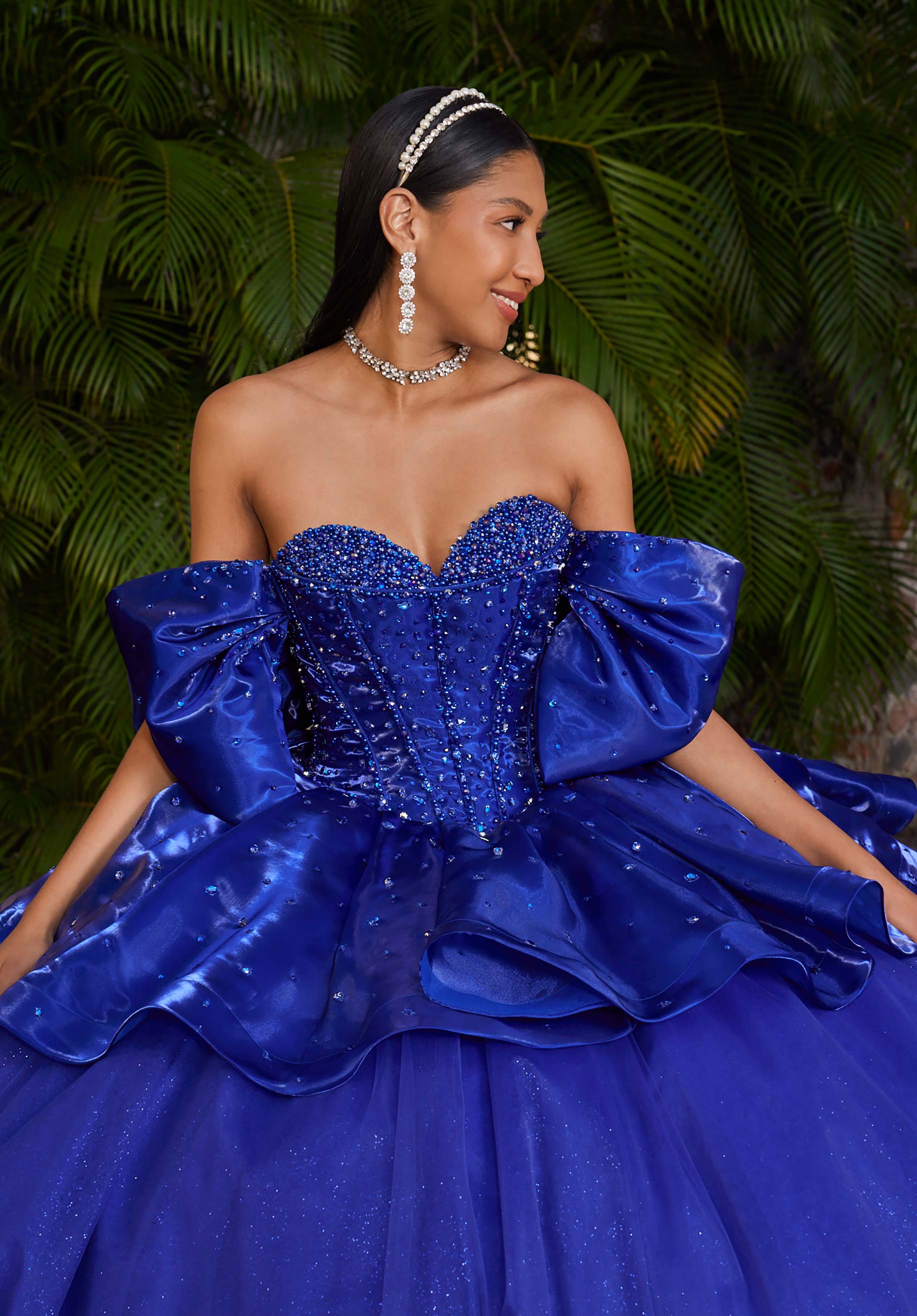 Strapless Curved Neck Floor-Length Tulle Quinceañera Ball Gown MGNY Madeline Gardner New York 89540