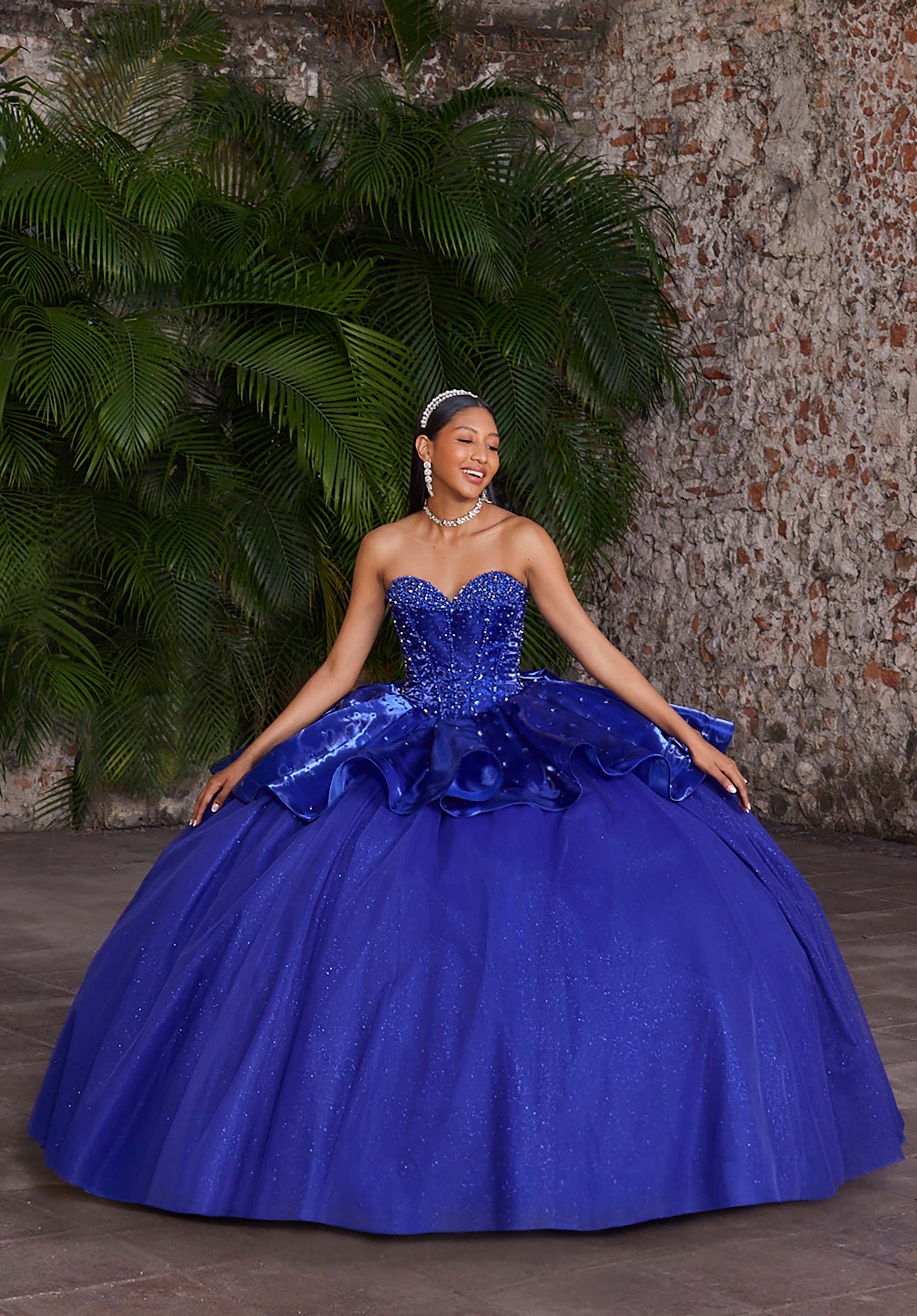 Strapless Curved Neck Floor-Length Tulle Quinceañera Ball Gown MGNY Madeline Gardner New York 89540
