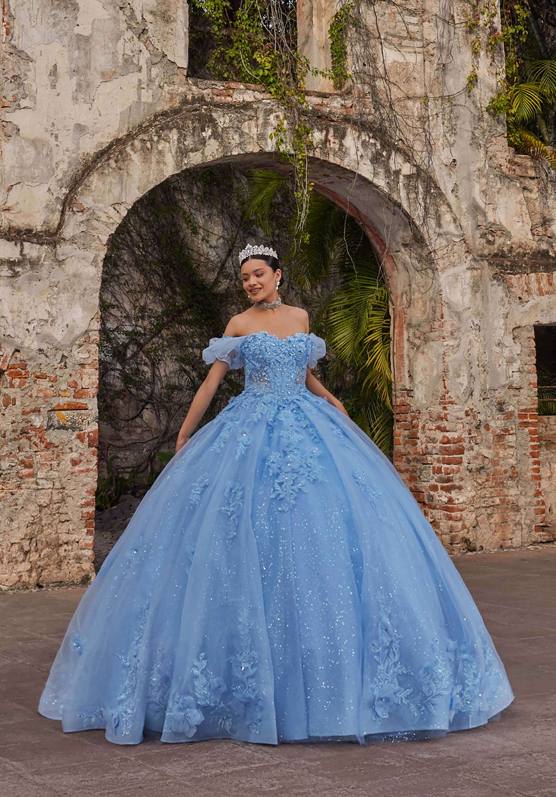 Off-the-Shoulder Floor-Length Tulle Quinceañera Ball Gown MGNY Madeline Gardner New York 89542