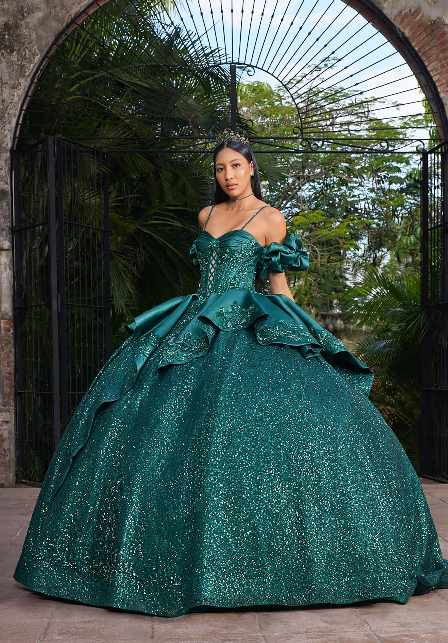 Off-the-Shoulder Floor-Length Satin Quinceañera Ball Gown MGNY Madeline Gardner New York 89543