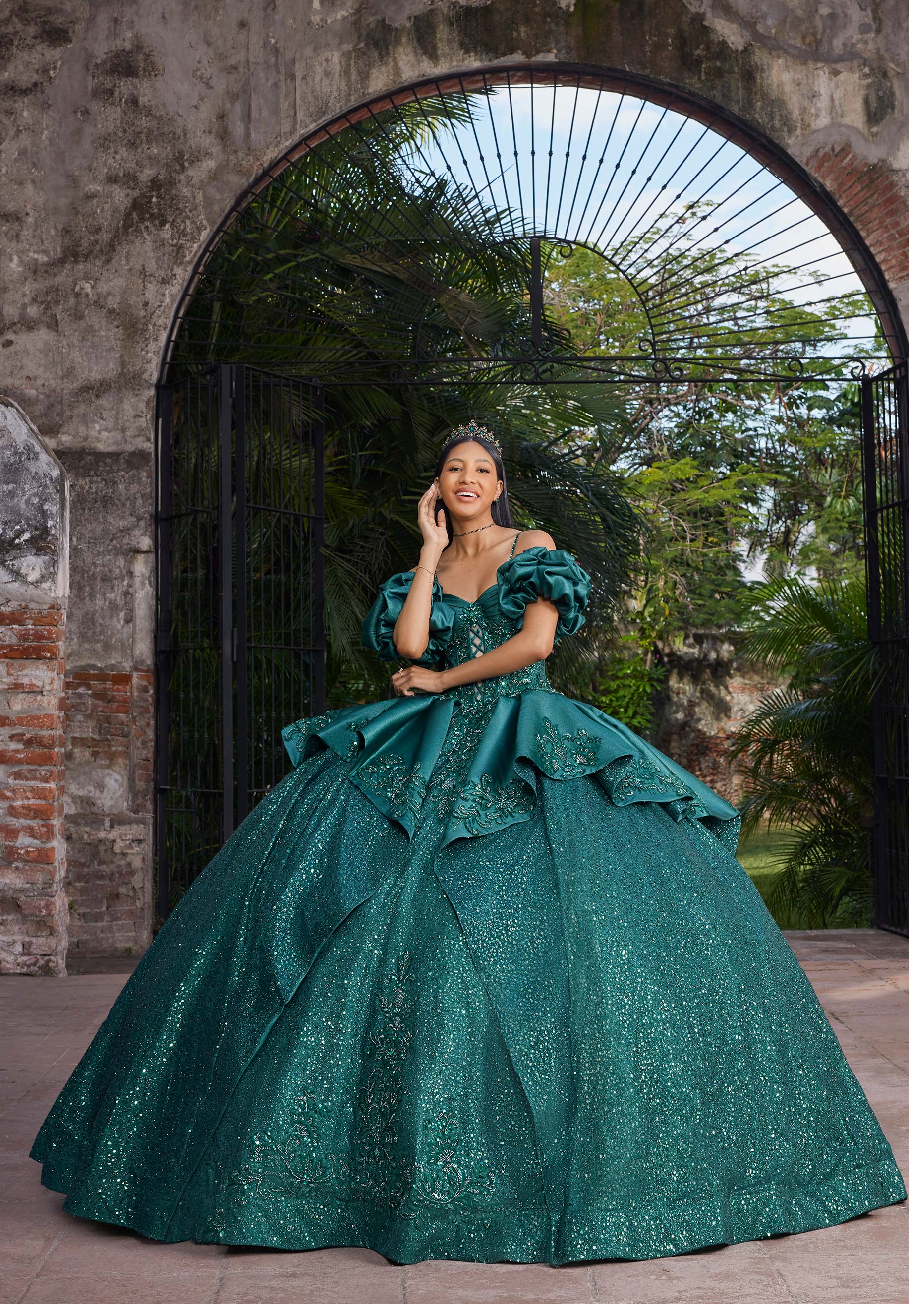 Off-the-Shoulder Floor-Length Satin Quinceañera Ball Gown MGNY Madeline Gardner New York 89543