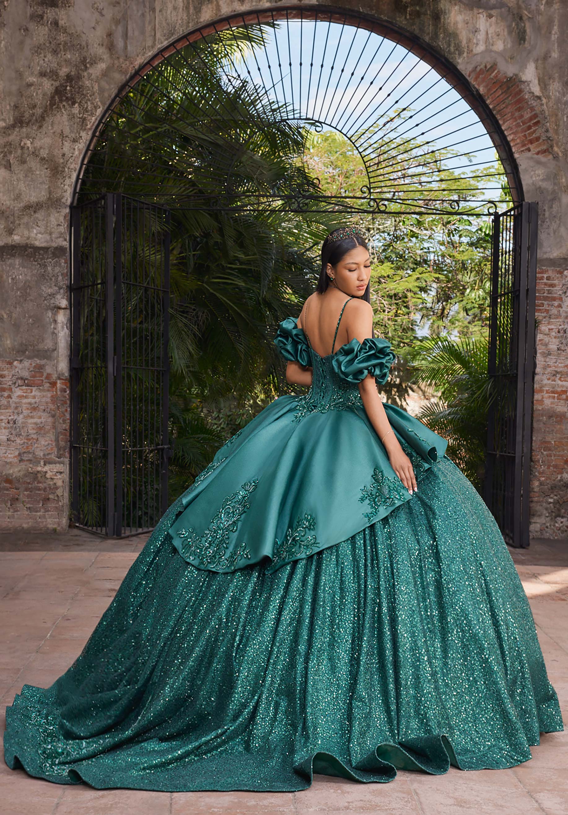 Off-the-Shoulder Floor-Length Satin Quinceañera Ball Gown MGNY Madeline Gardner New York 89543