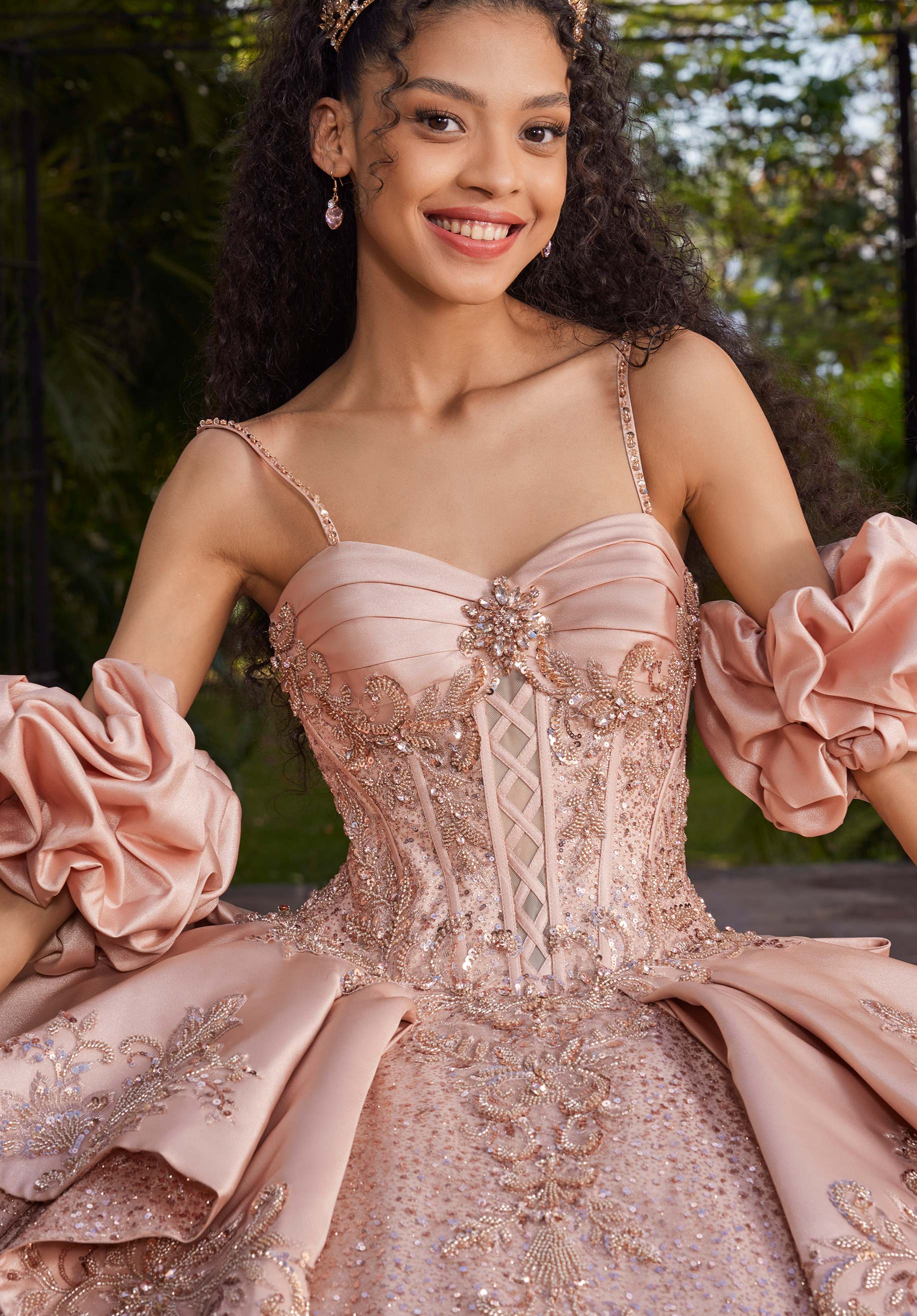 Off-the-Shoulder Floor-Length Satin Quinceañera Ball Gown MGNY Madeline Gardner New York 89543