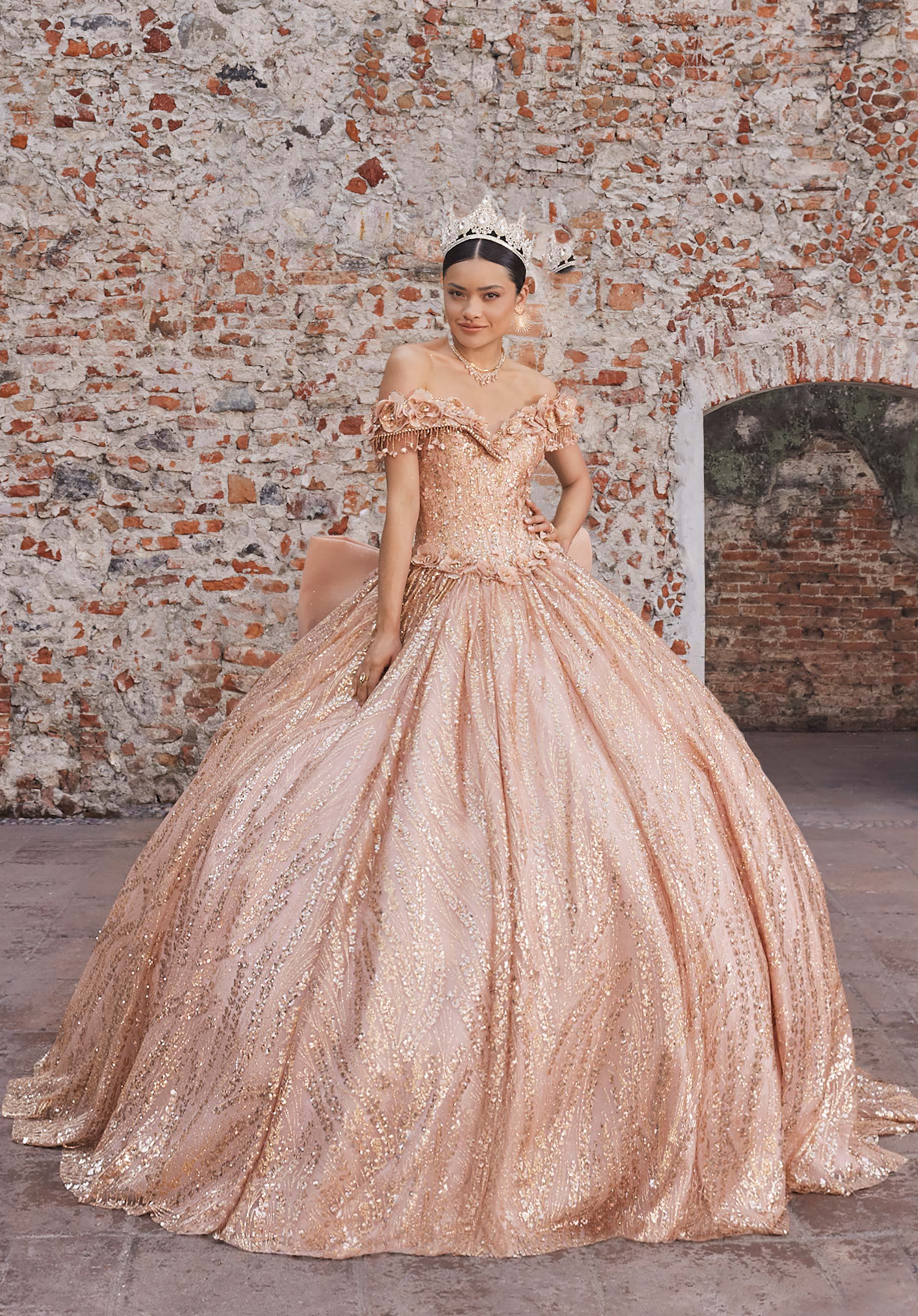 Off-the-Shoulder Floor-Length Sequin Quinceañera Ball Gown MGNY Madeline Gardner New York 89547