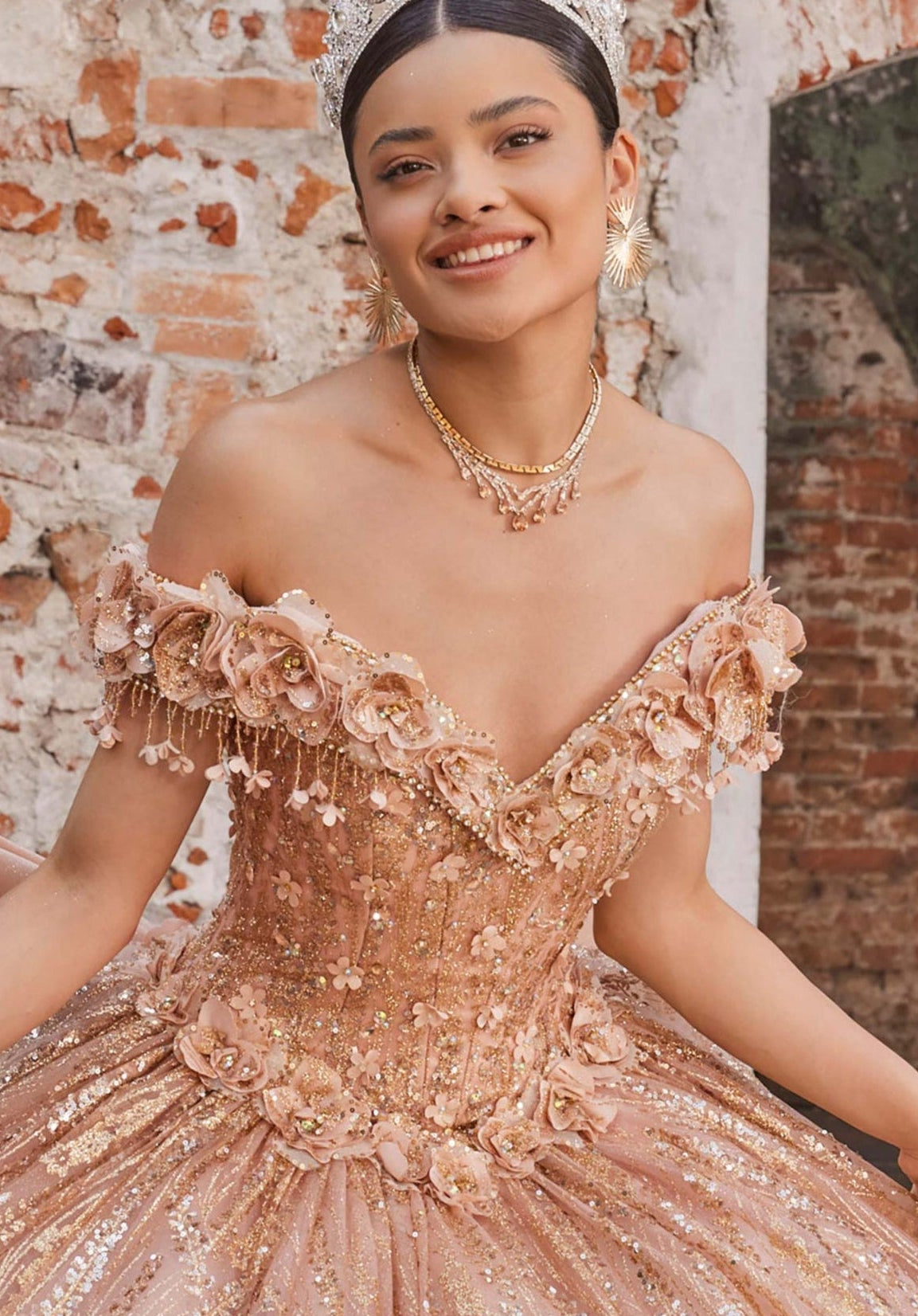Off-the-Shoulder Floor-Length Sequin Quinceañera Ball Gown MGNY Madeline Gardner New York 89547