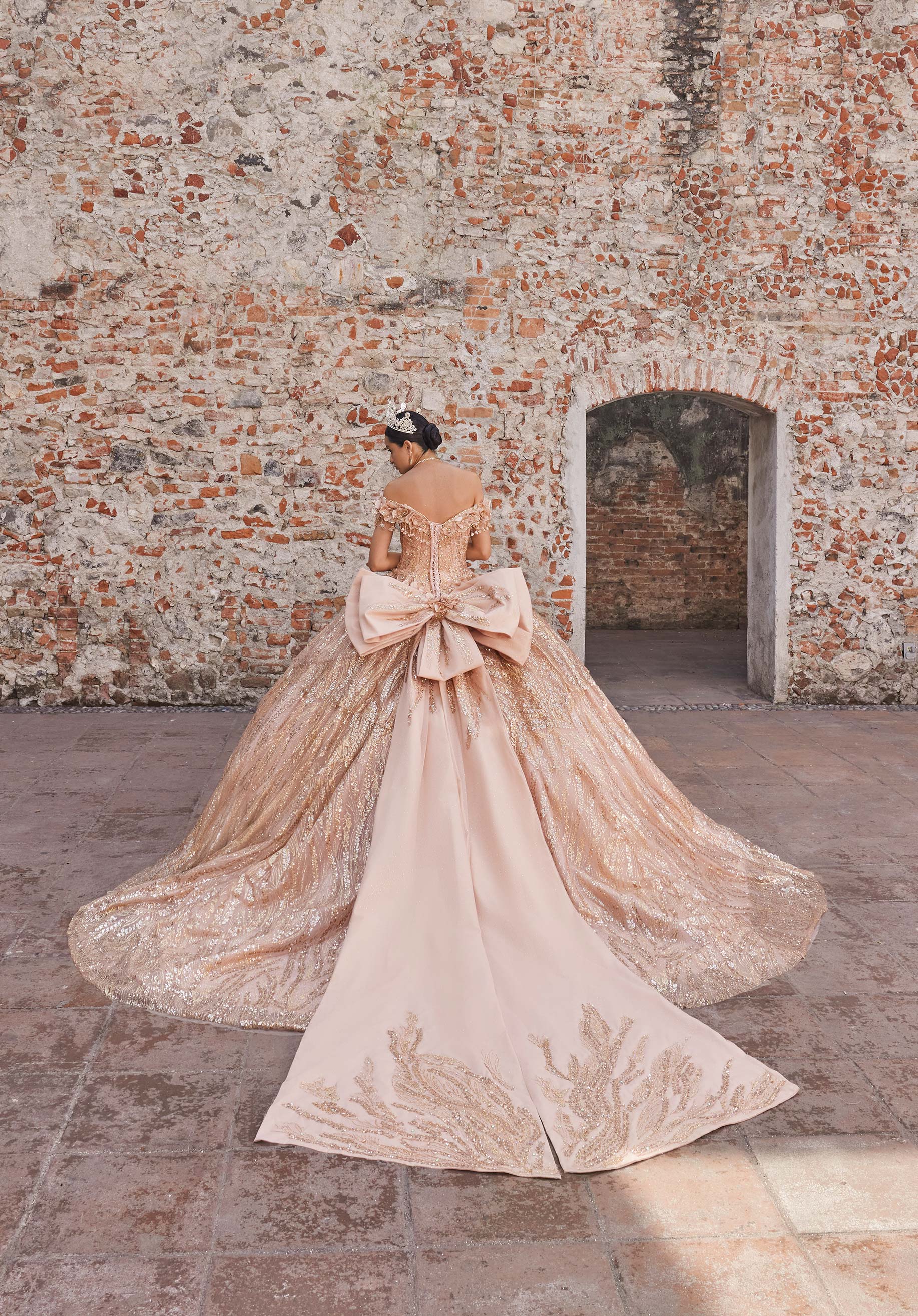 Off-the-Shoulder Floor-Length Sequin Quinceañera Ball Gown MGNY Madeline Gardner New York 89547