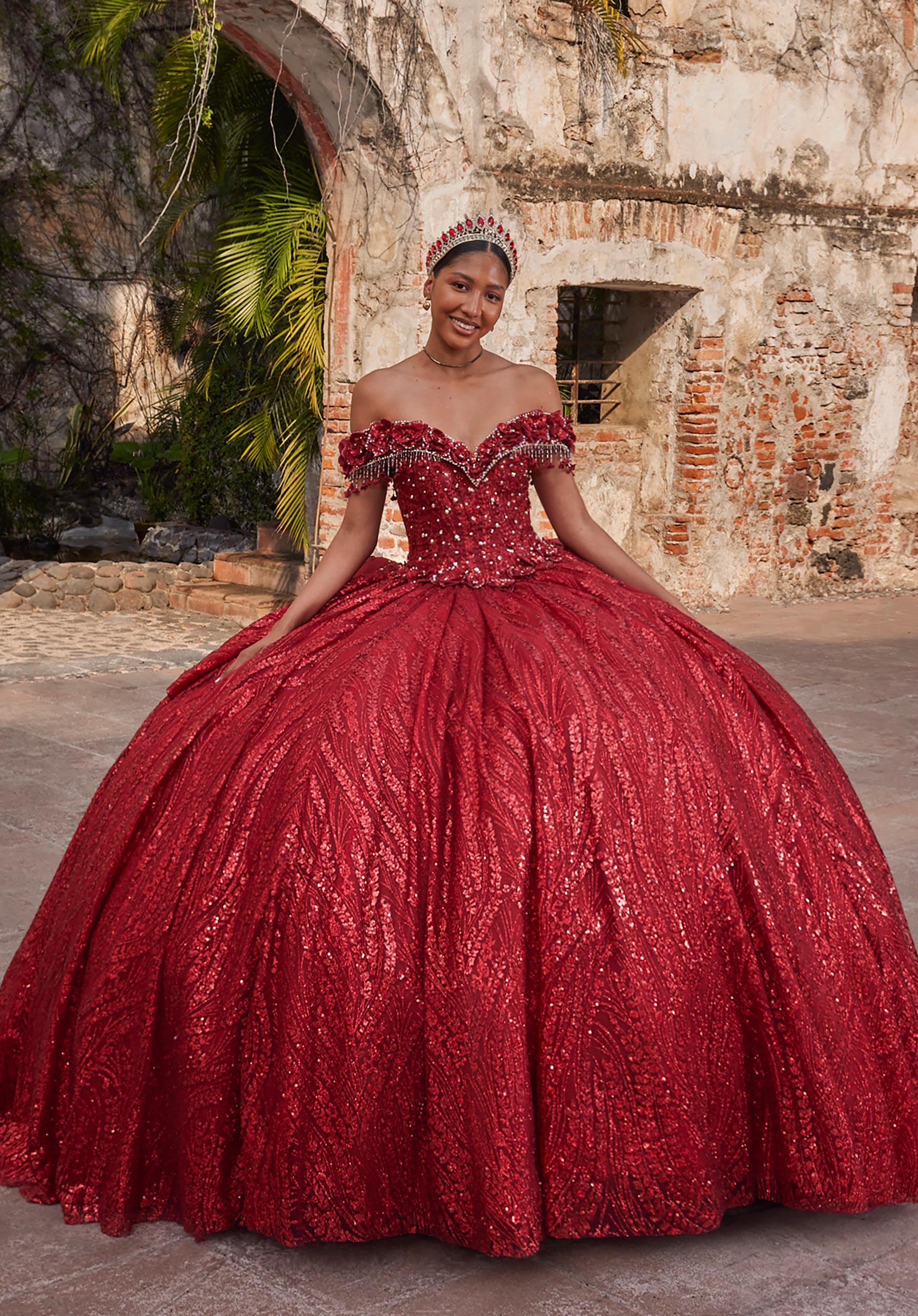 Off-the-Shoulder Floor-Length Sequin Quinceañera Ball Gown MGNY Madeline Gardner New York 89547