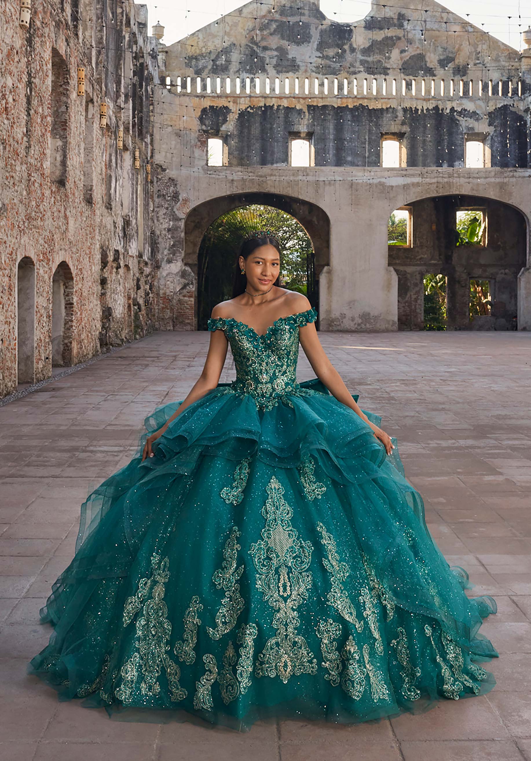 Off-the-Shoulder Floor-Length Tulle Quinceañera Ball Gown MGNY Madeline Gardner New York 89556