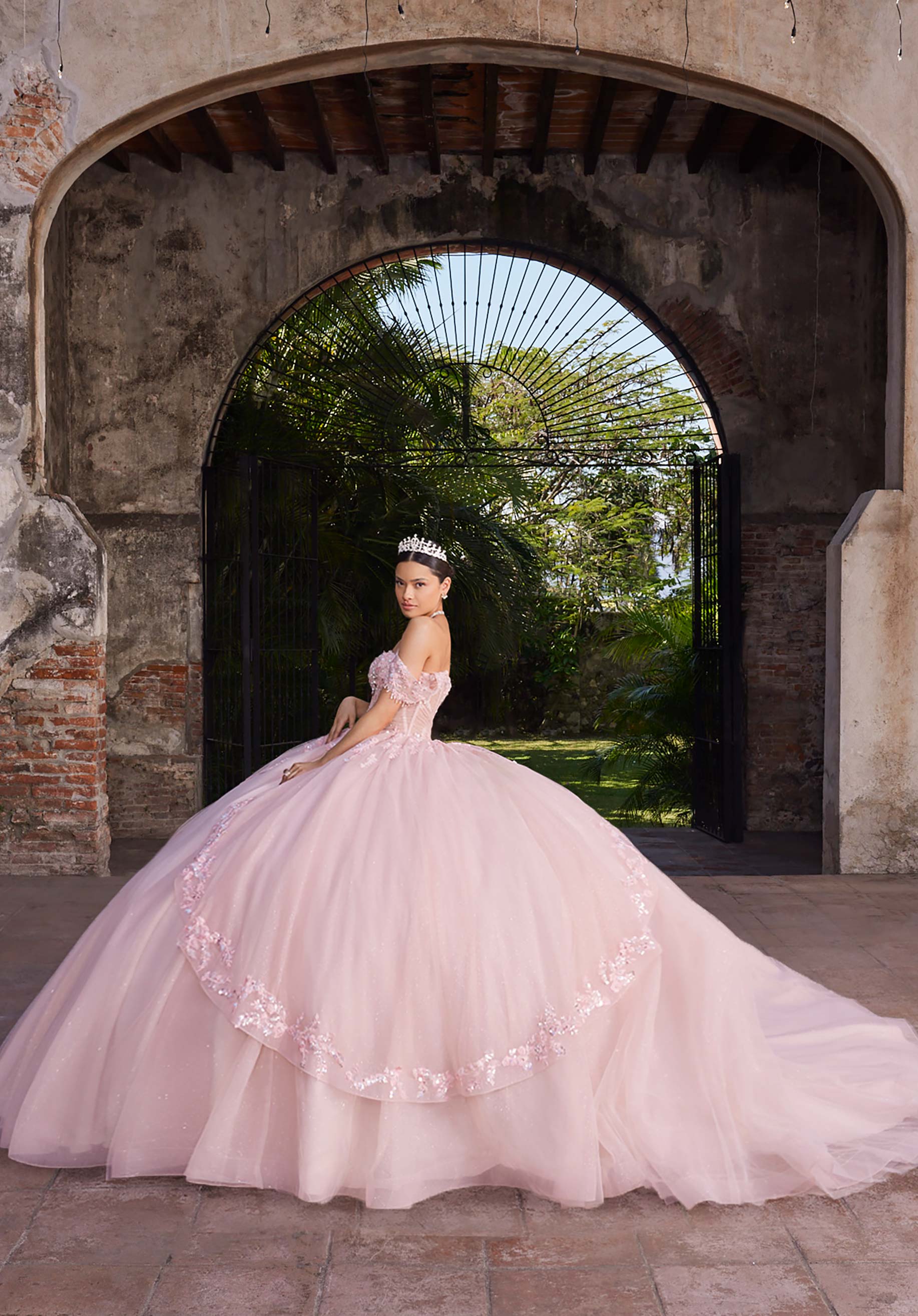 Strapless Curved Neck Floor-Length Tulle Quinceañera Ball Gown MGNY Madeline Gardner New York 89561