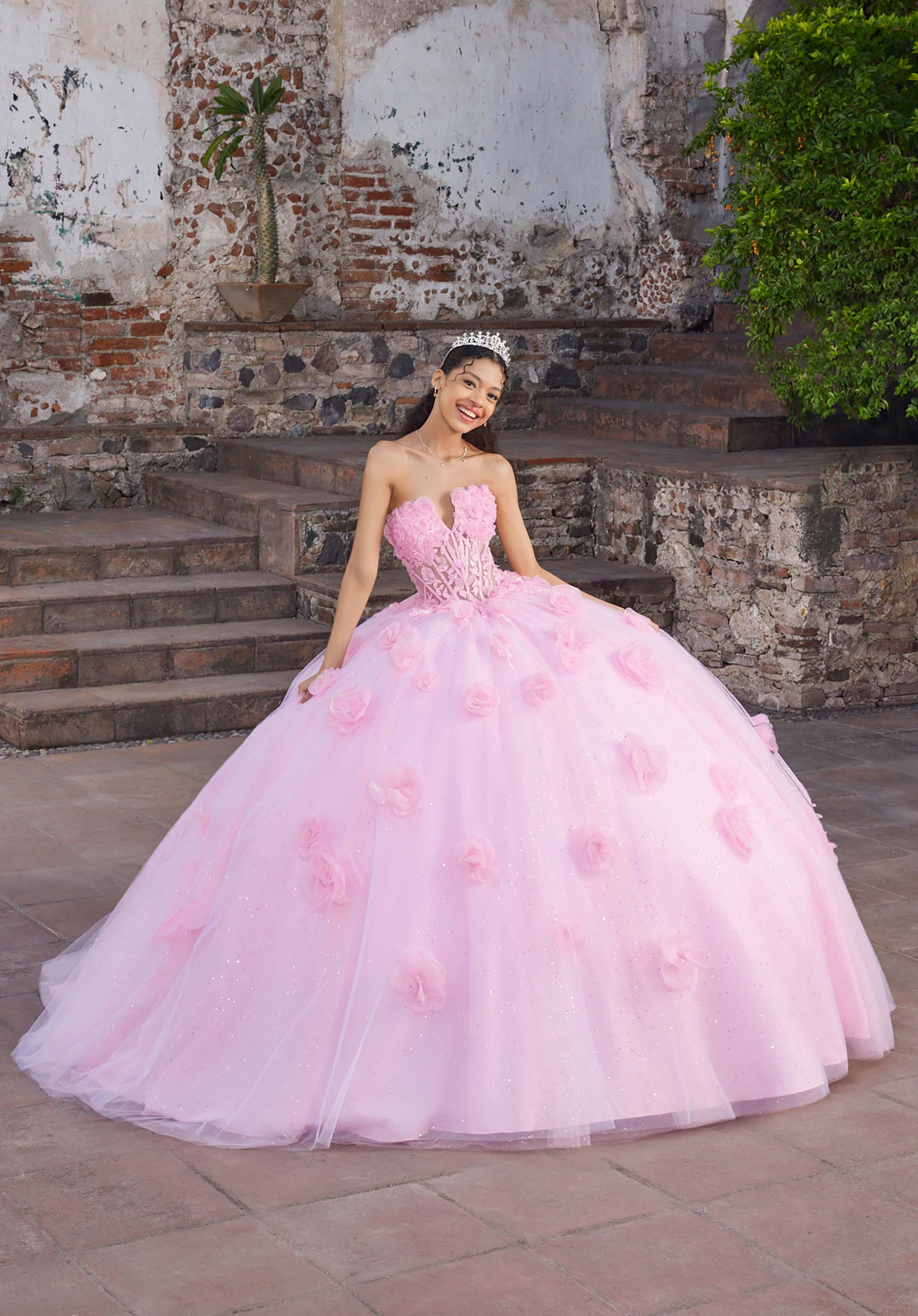 Strapless Curved Neck Floor-Length Tulle Quinceañera Ball Gown MGNY Madeline Gardner New York 89562
