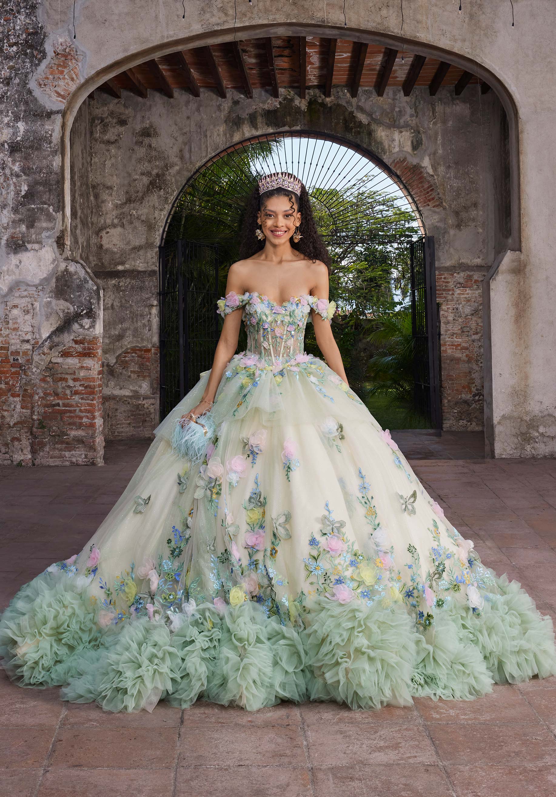 Off-the-Shoulder Floor-Length Tulle Quinceañera Ball Gown MGNY Madeline Gardner New York 89566