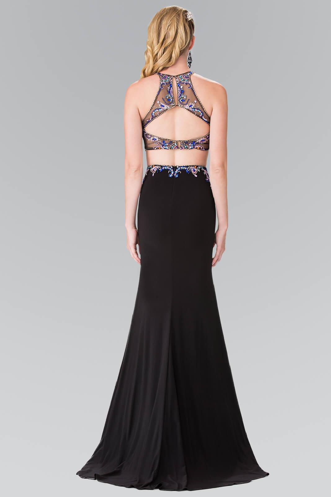 GLS 2 Piece Sexy Halter Evening Gown - Champagne - Size S - Beaded Crop Top with Side Slit
