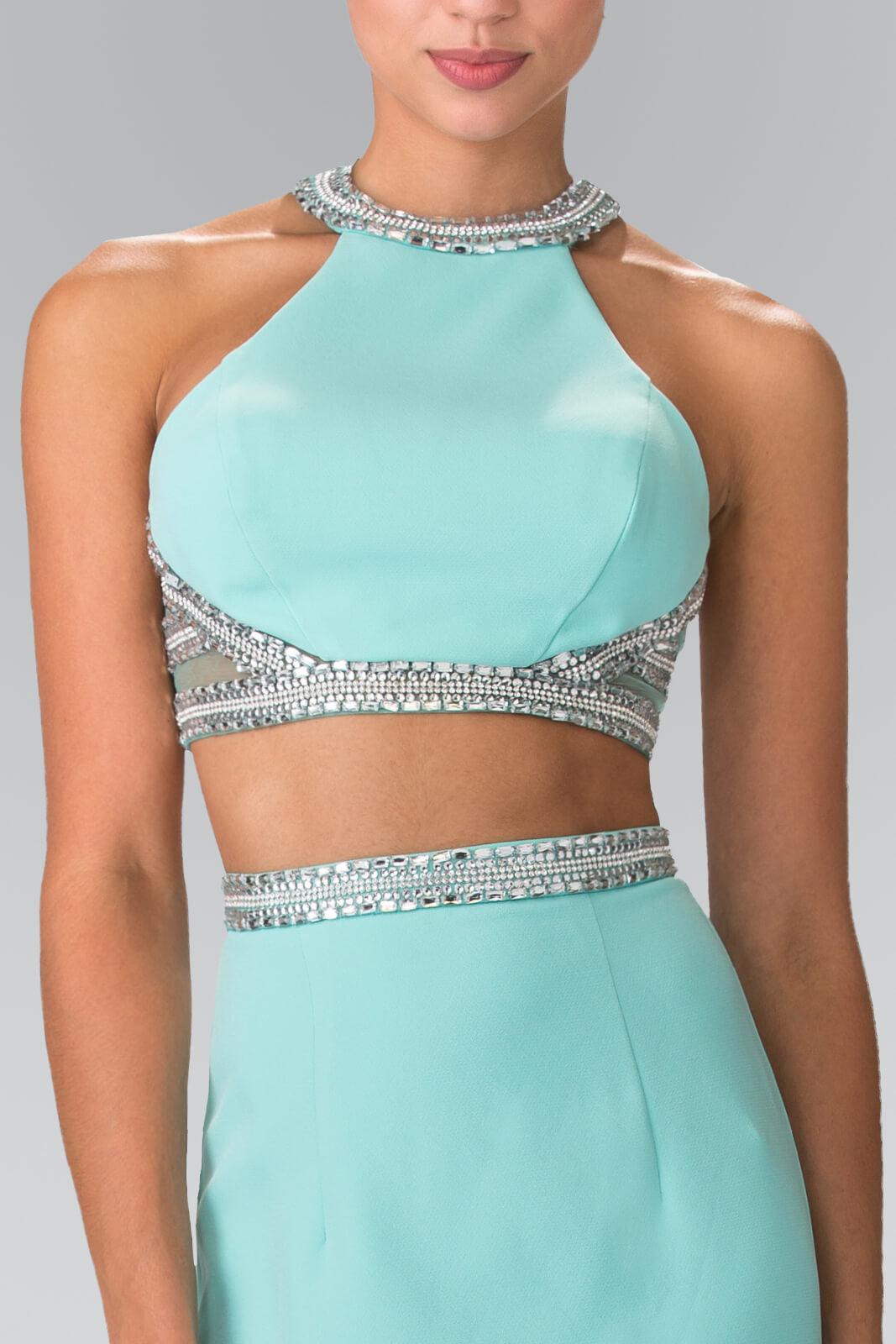 GLS Prom Beaded 2 Piece Halter Formal Dress - Tiffany Color - Size S