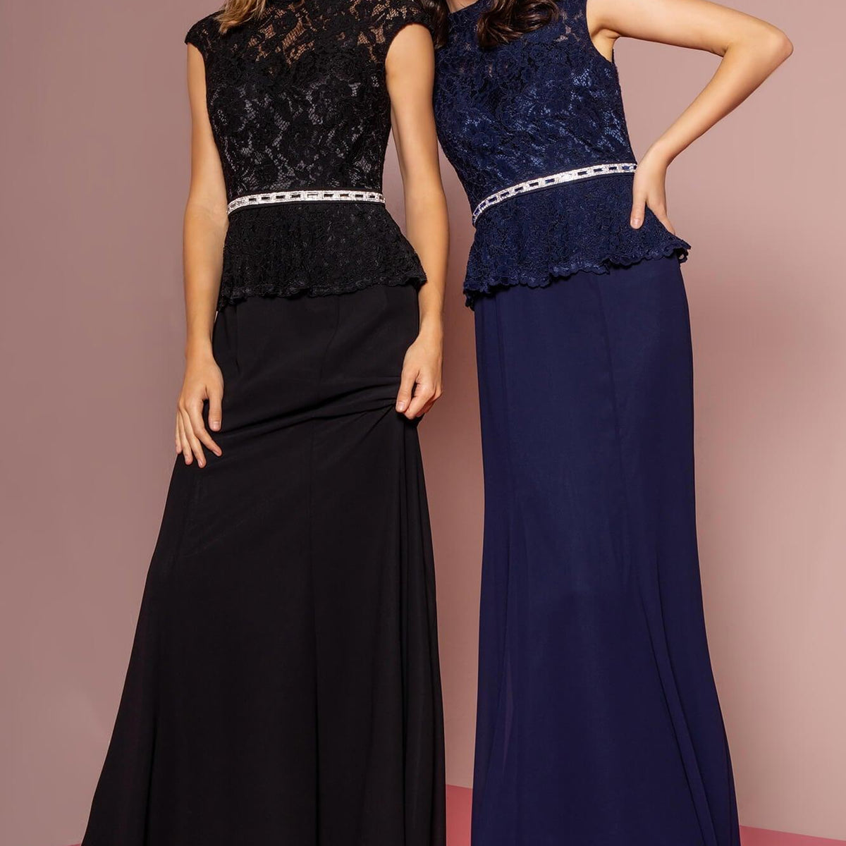 GLS Black Cap Sleeve Peplum Evening Long Dress - Formal Prom Gown