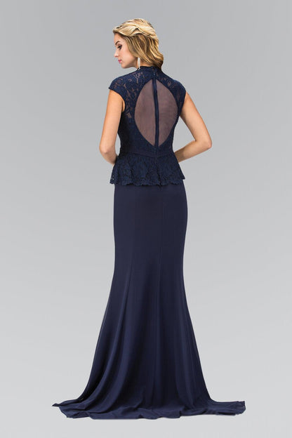 Prom Cap Sleeve Peplum Evening Long Dress - The Dress Outlet Elizabeth K