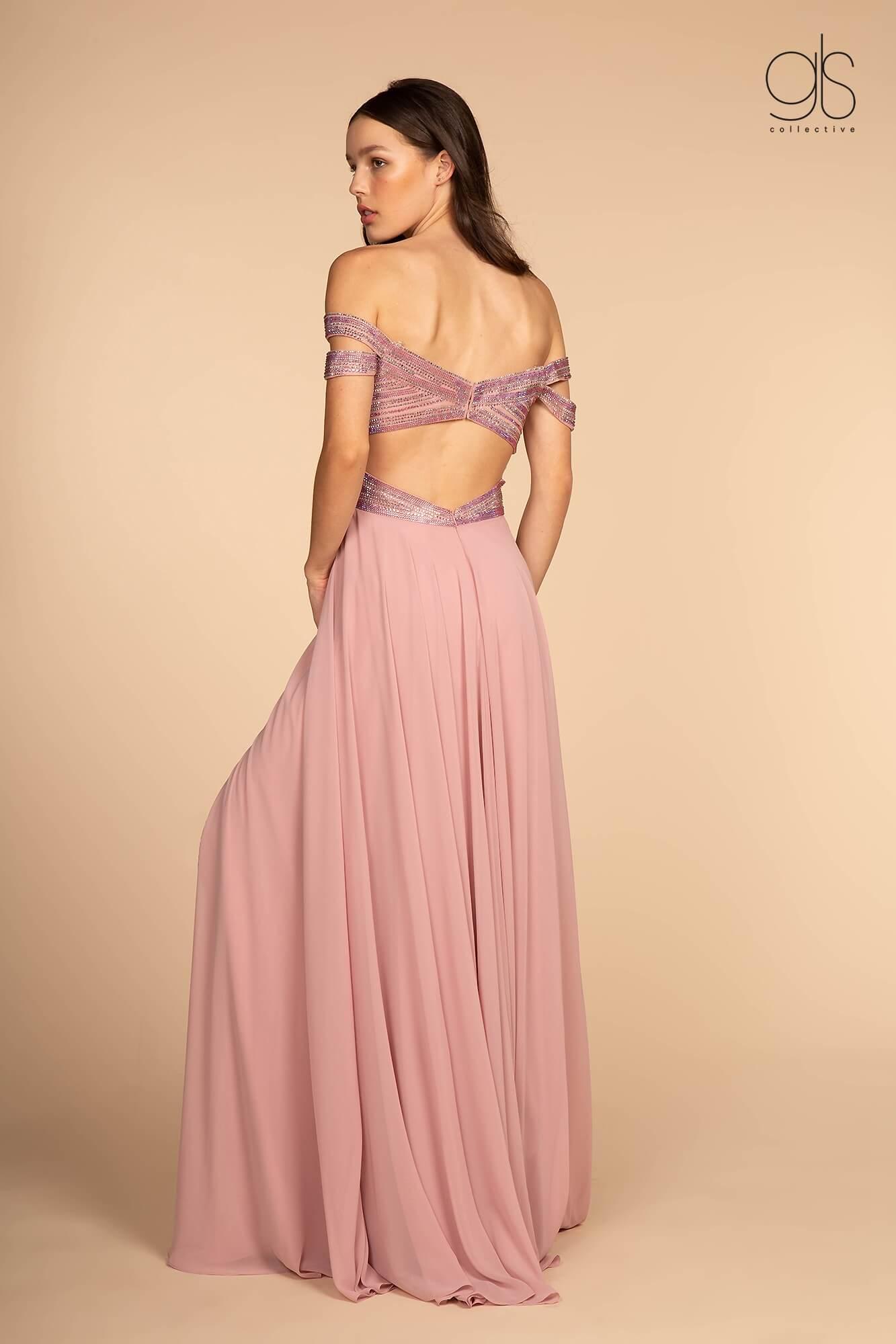 GLS Prom Chiffon Off the Shoulder Evening Dress - Mauve - Size M - Jewel Embellished Bodice GLS Prom Chiffon Off the Shoulder Evening Dress - Mauve - Size M - Jewel Embellished Bodice