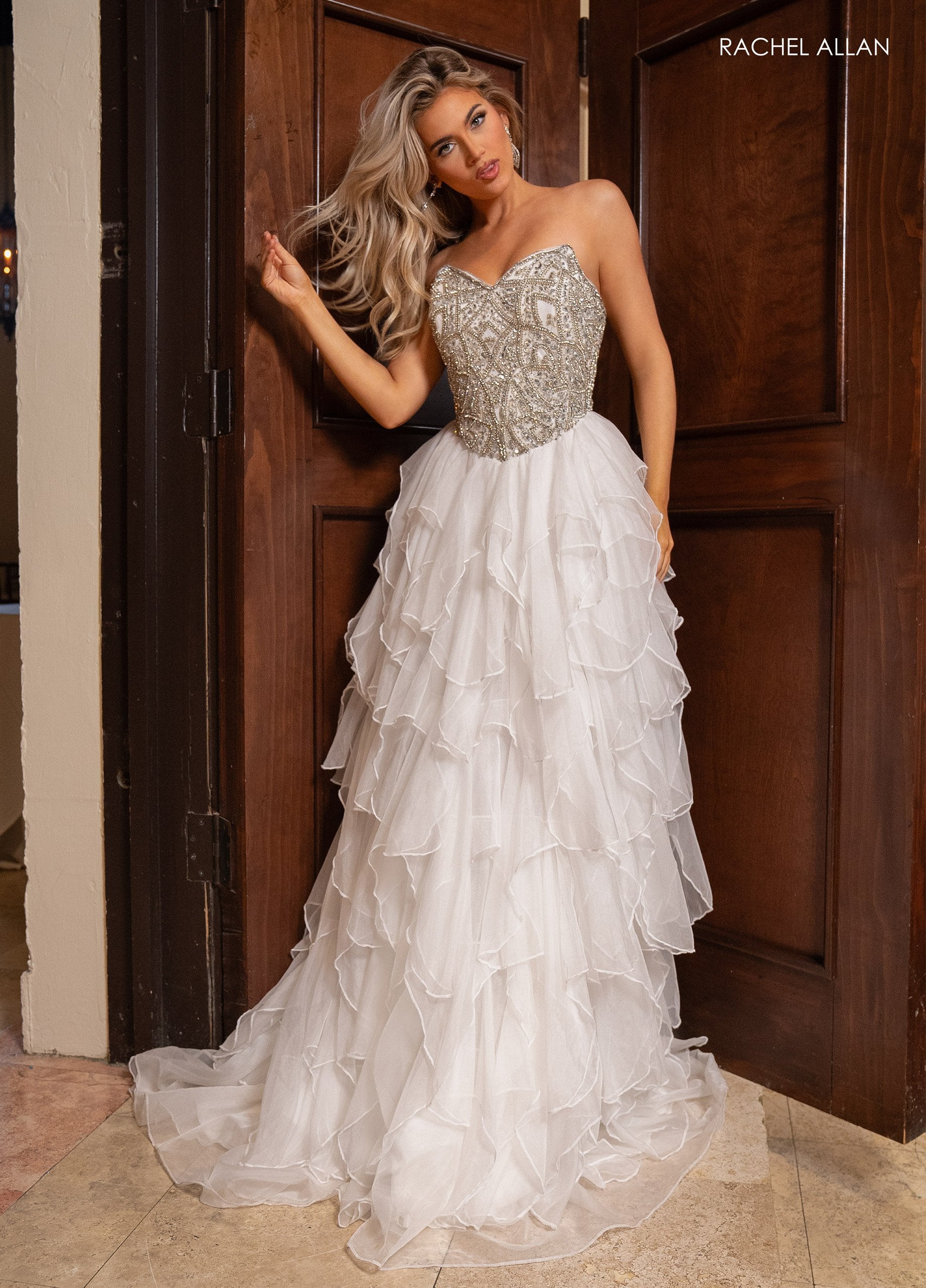 Rachel Allan 70788 Beaded Long A Line Ruffle Formal Prom Dress