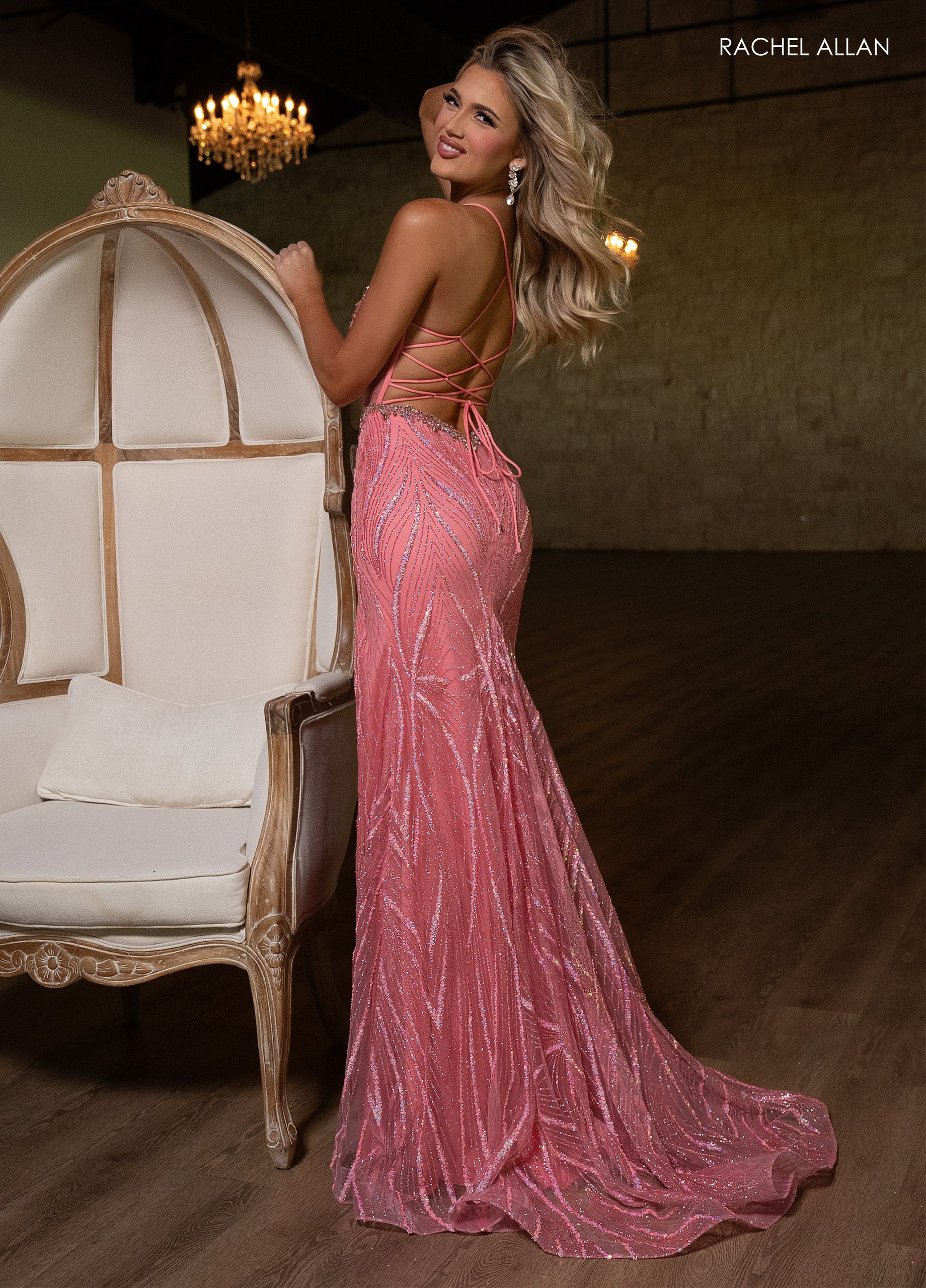 Rachel Allan 70853 Beaded Long Slit Glitter Formal Prom Dress